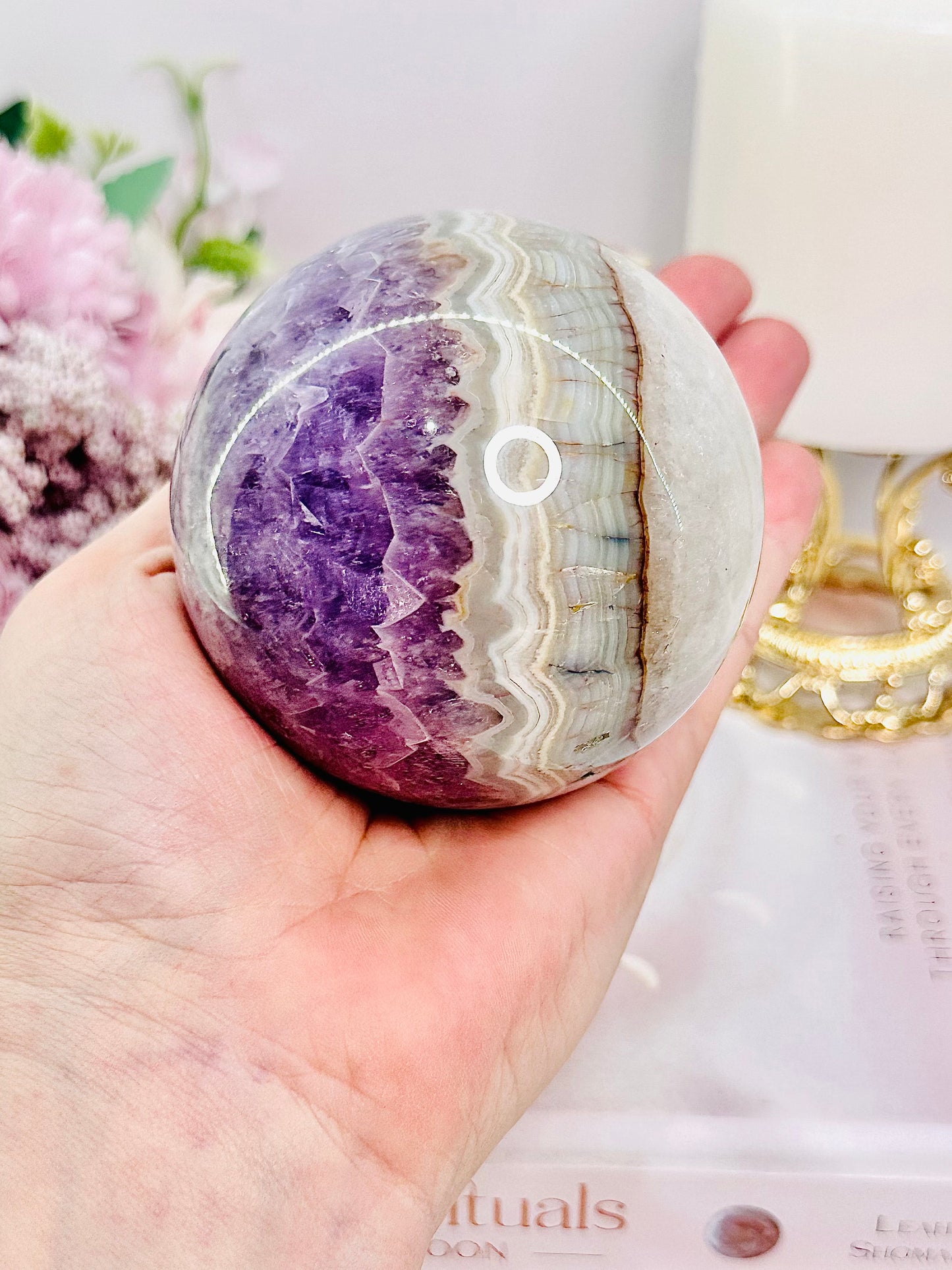 Absolutely Incredibly Stunning Large 584gram Amethyst X Agate Perfect Sphere on Silver Stand