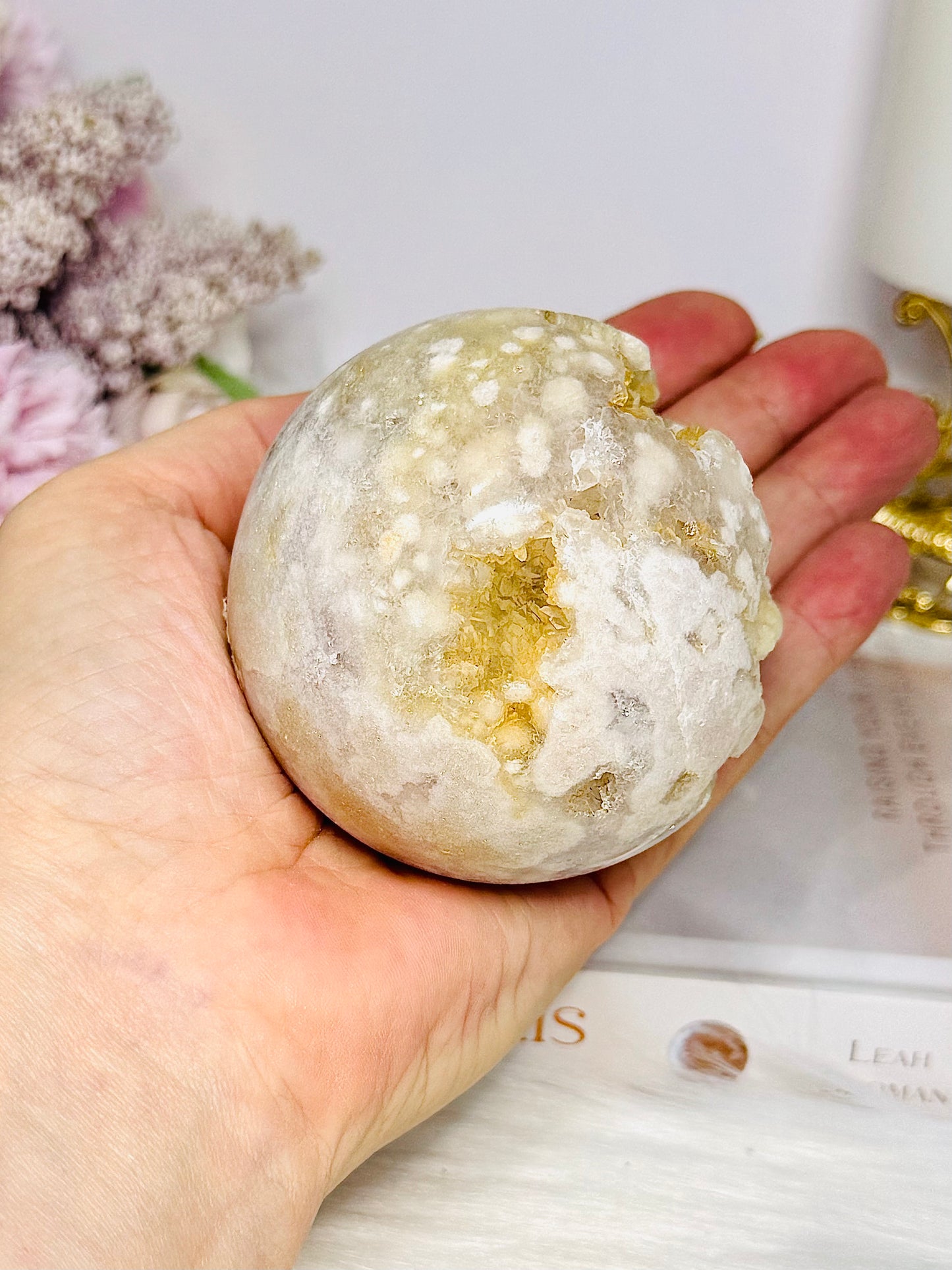 Large Pink Amethyst X Flower Agate Druzy Sphere on Stand 384g
