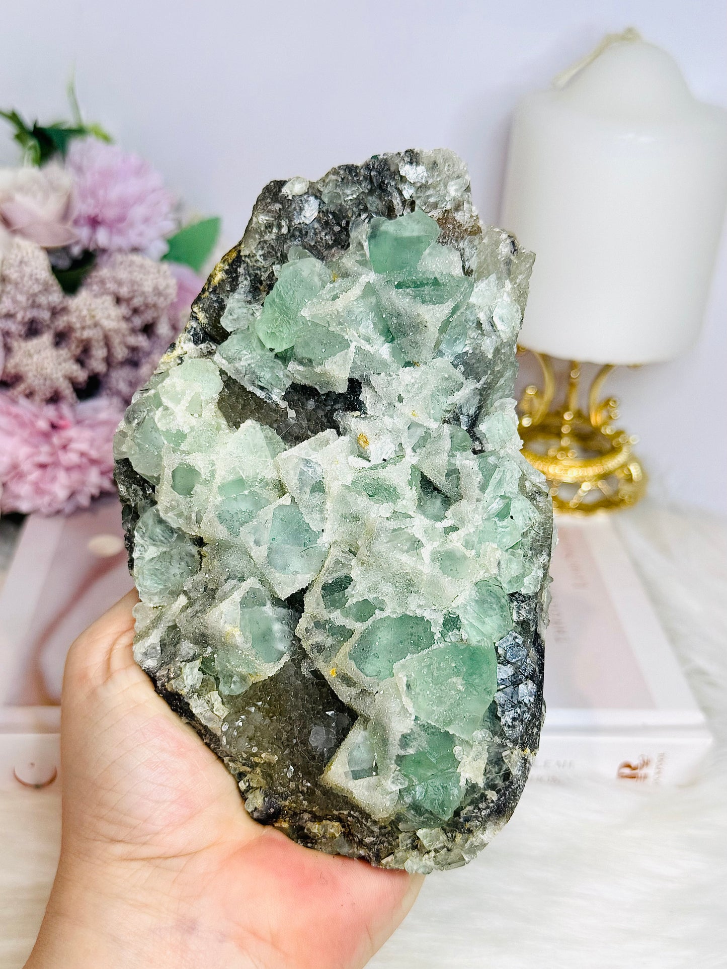 Large Green Cubed Fluorite Sugar Druzy Specimen on Matrix 15cm 777g