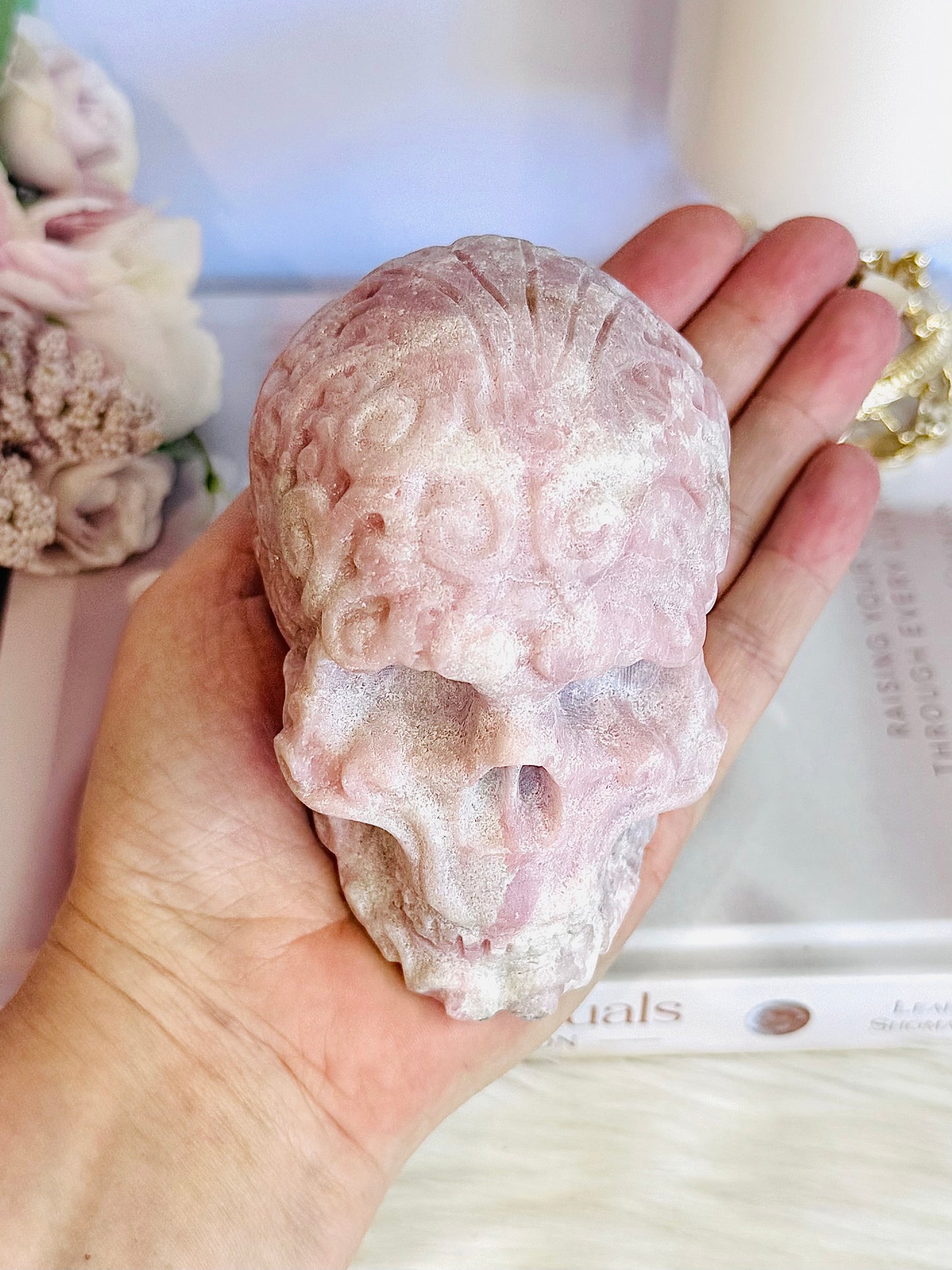 Incredible Large Perfectly Carved Pink Opal Patterned Skull 10cm 772grams