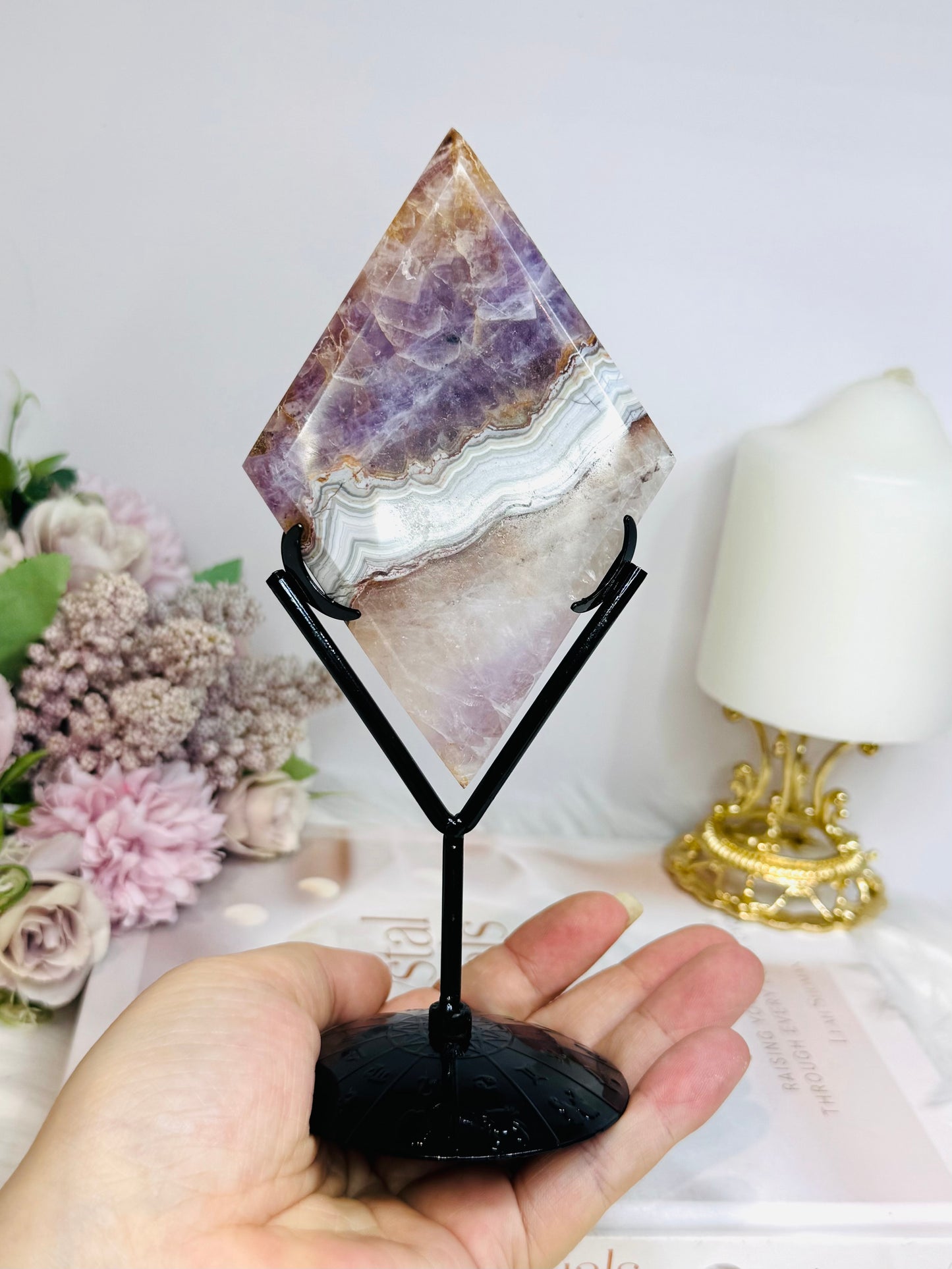 Crazy Lace Amethyst Diamond on Stand 18cm
