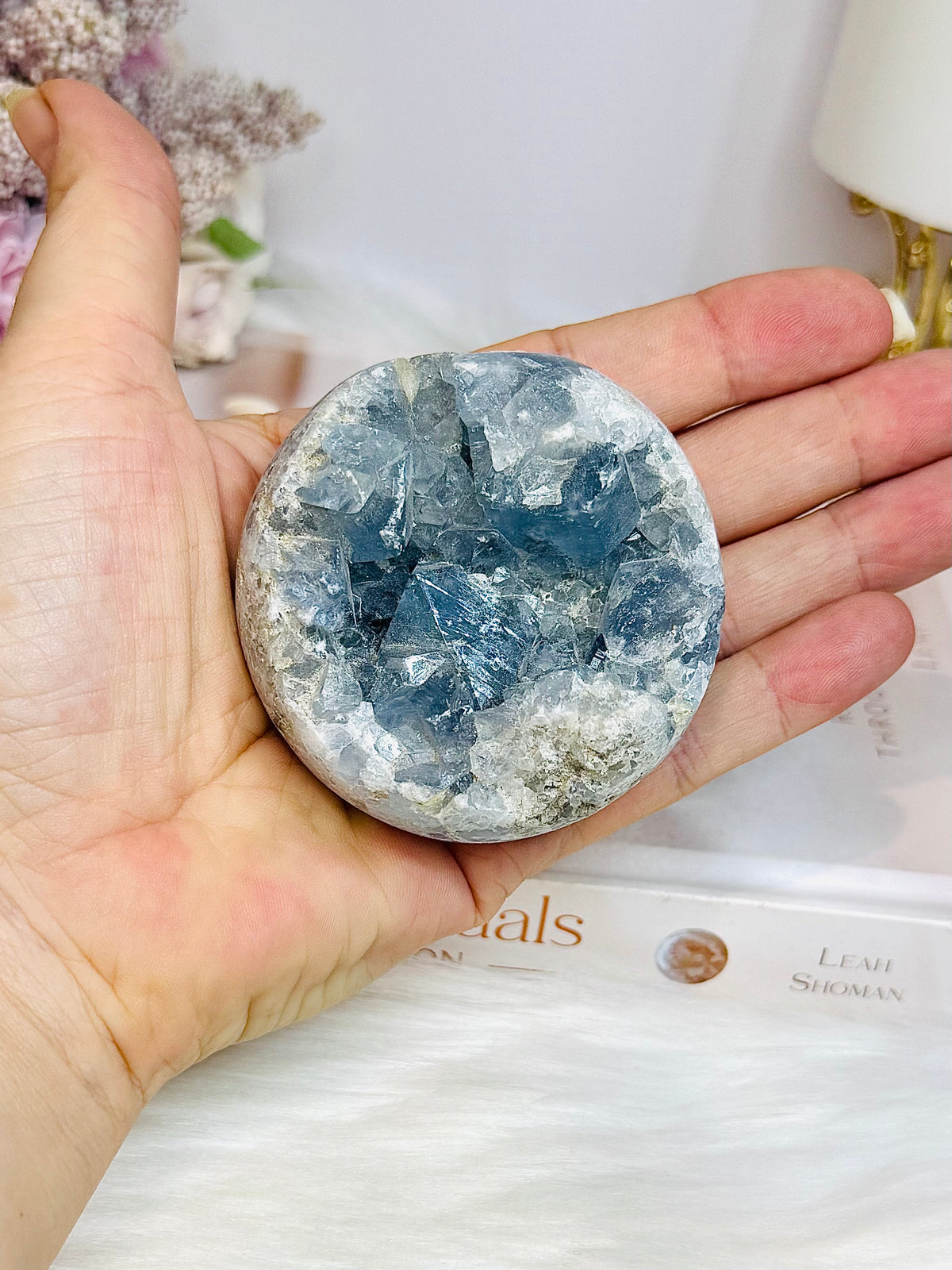 Blue Celestite Round Freeform 262g On Stand