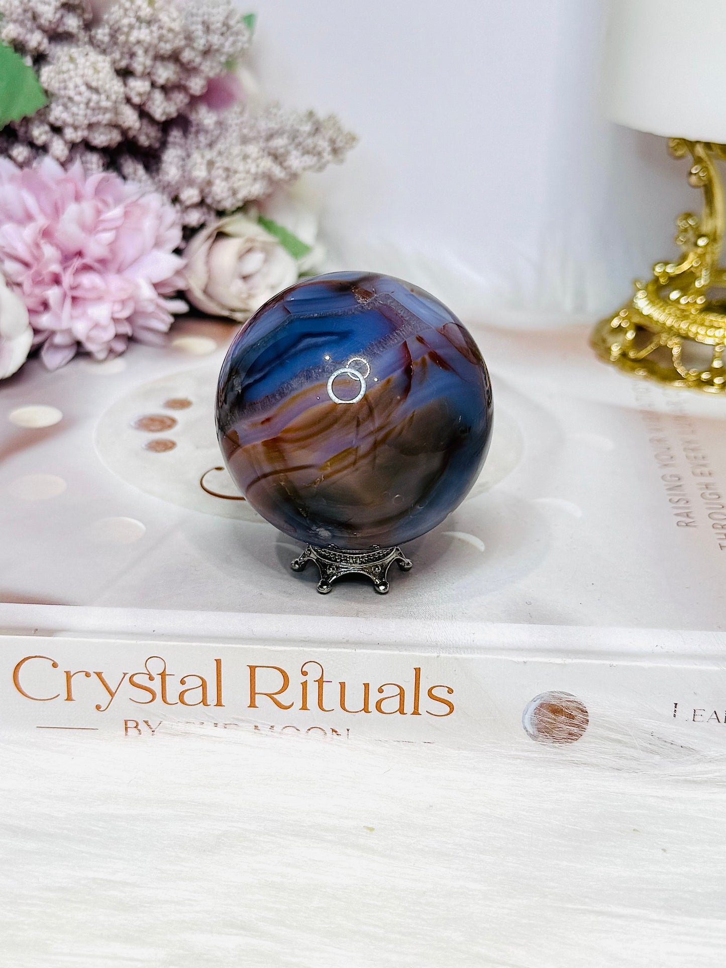 Blue Flower Agate Sphere on Stand 172g