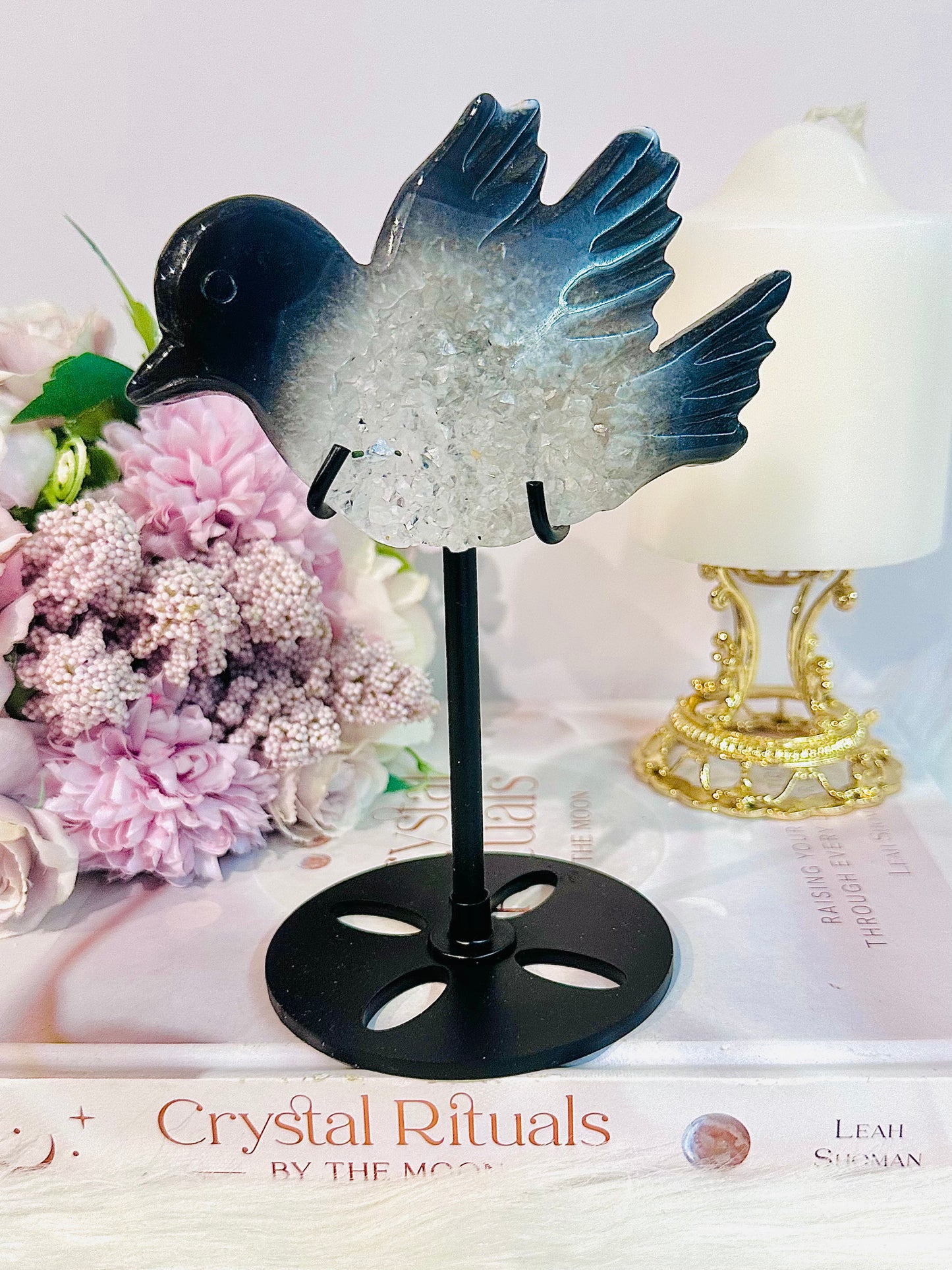 Absolutely Gorgeous Druzy Agate Carved Bird On Black Stand