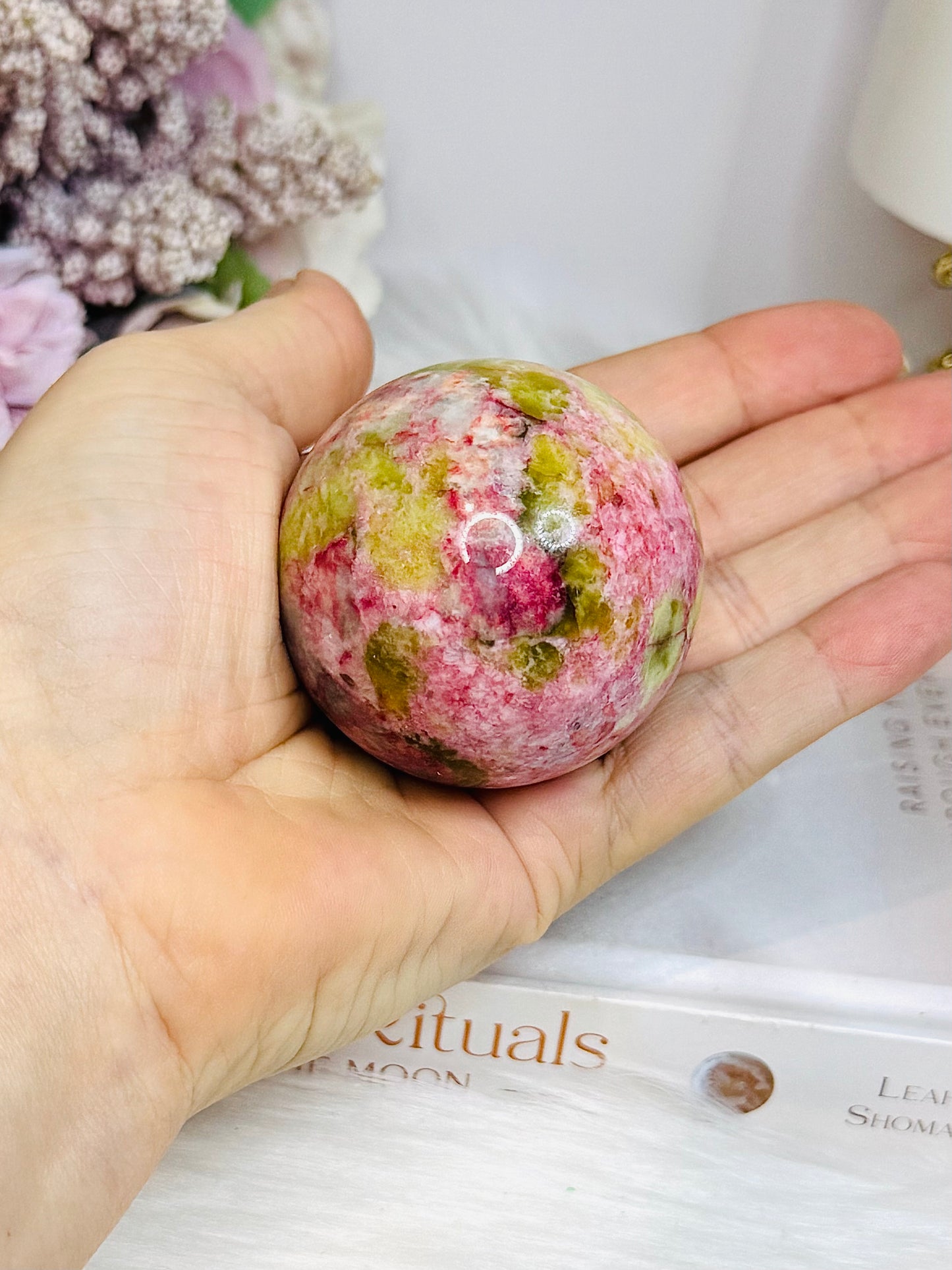 Thulite Sphere with Epidote 208g On Stand