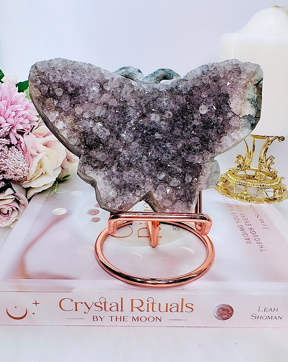 Peaceful & Graceful ~ Gorgeous Large Amethyst Cluster Butterfly Carving On Rose Gold Stand From Brazil 413grams