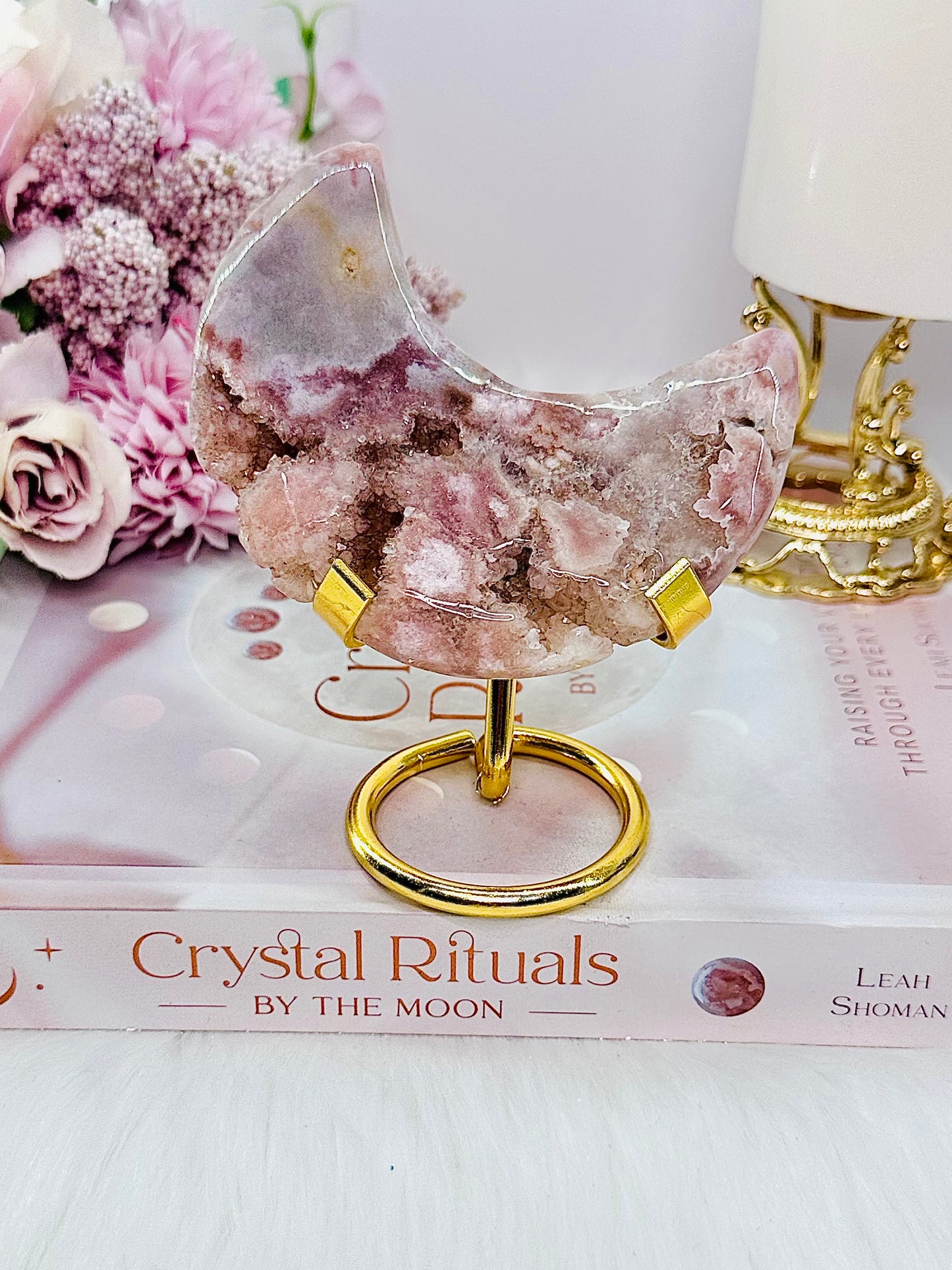 Classy & Fabulous High Grade Druzy Pink Amethyst Moon On Gold Stand 11.5cm