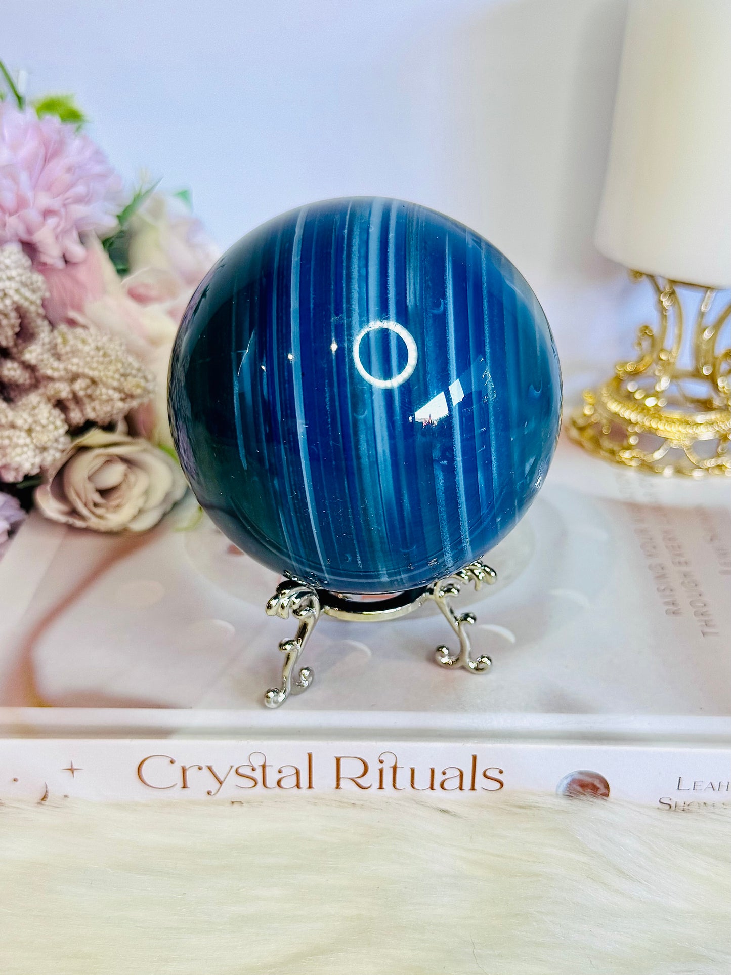 Gorgeous Large 702gram Blue Agate (dyed) Sphere On Stand