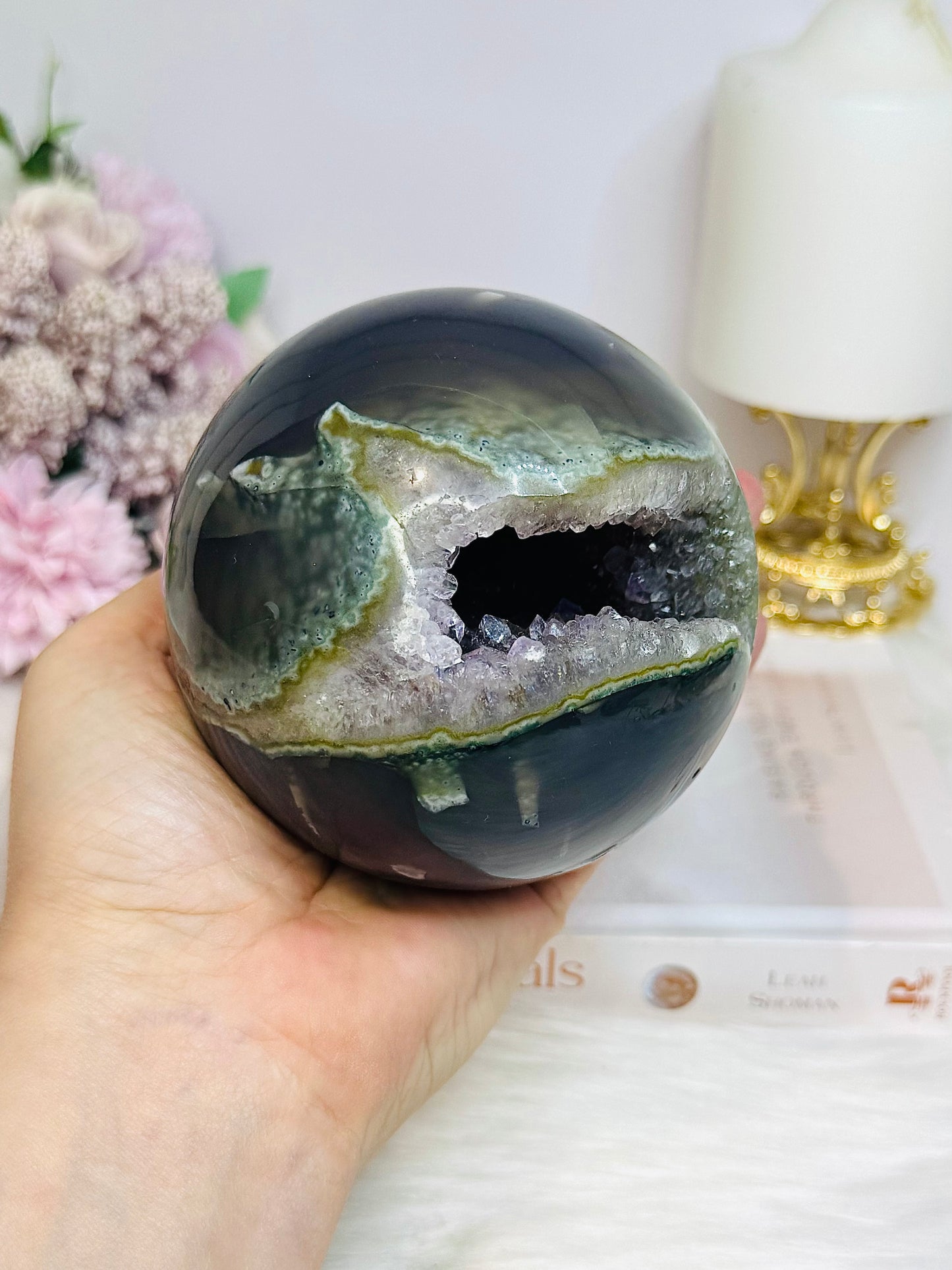High Grade Huge Amethyst Druzy Agate Sphere on Stand 934g