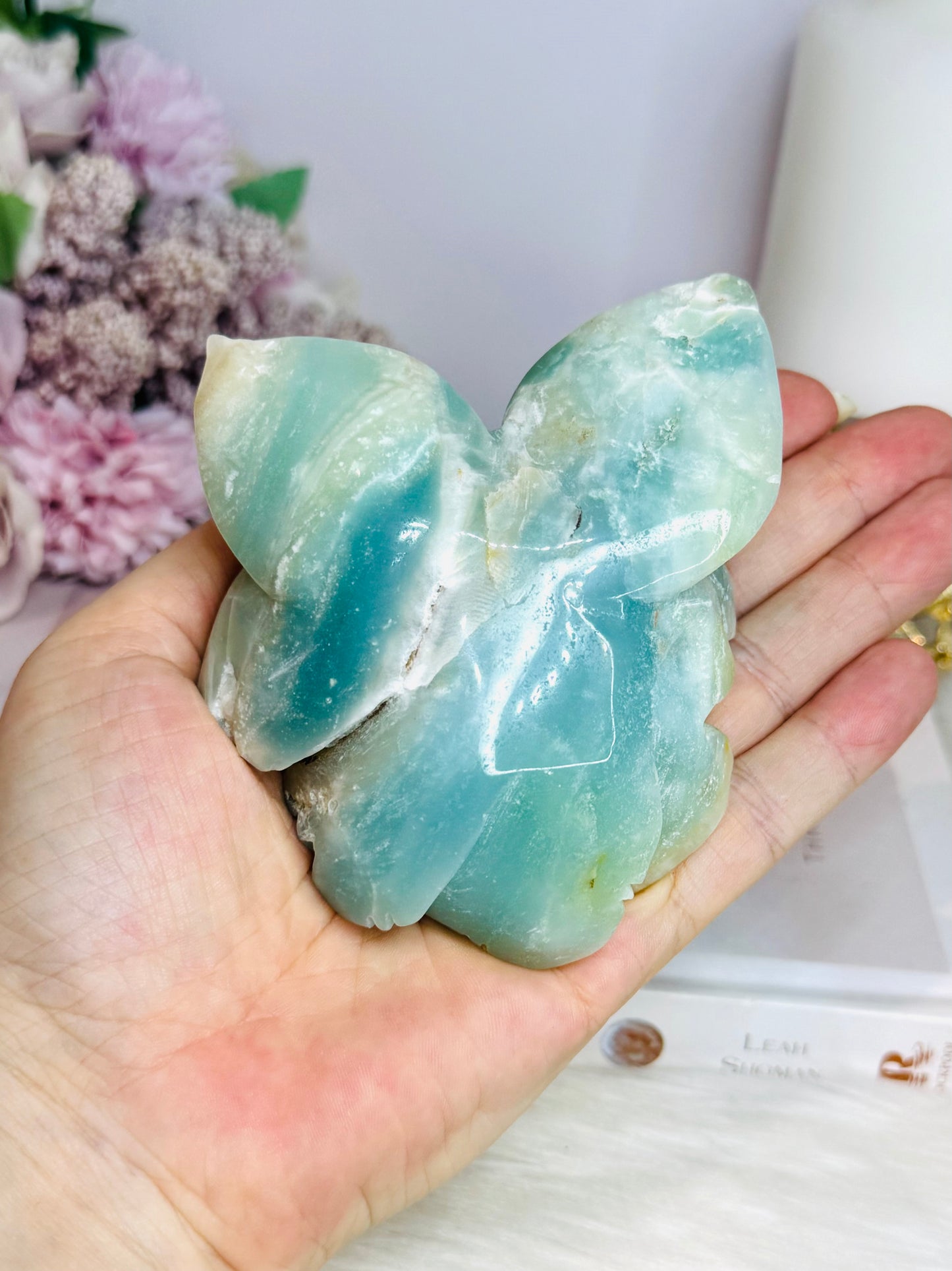 Blue Caribbean Calcite Carved Flower on Stand 266g