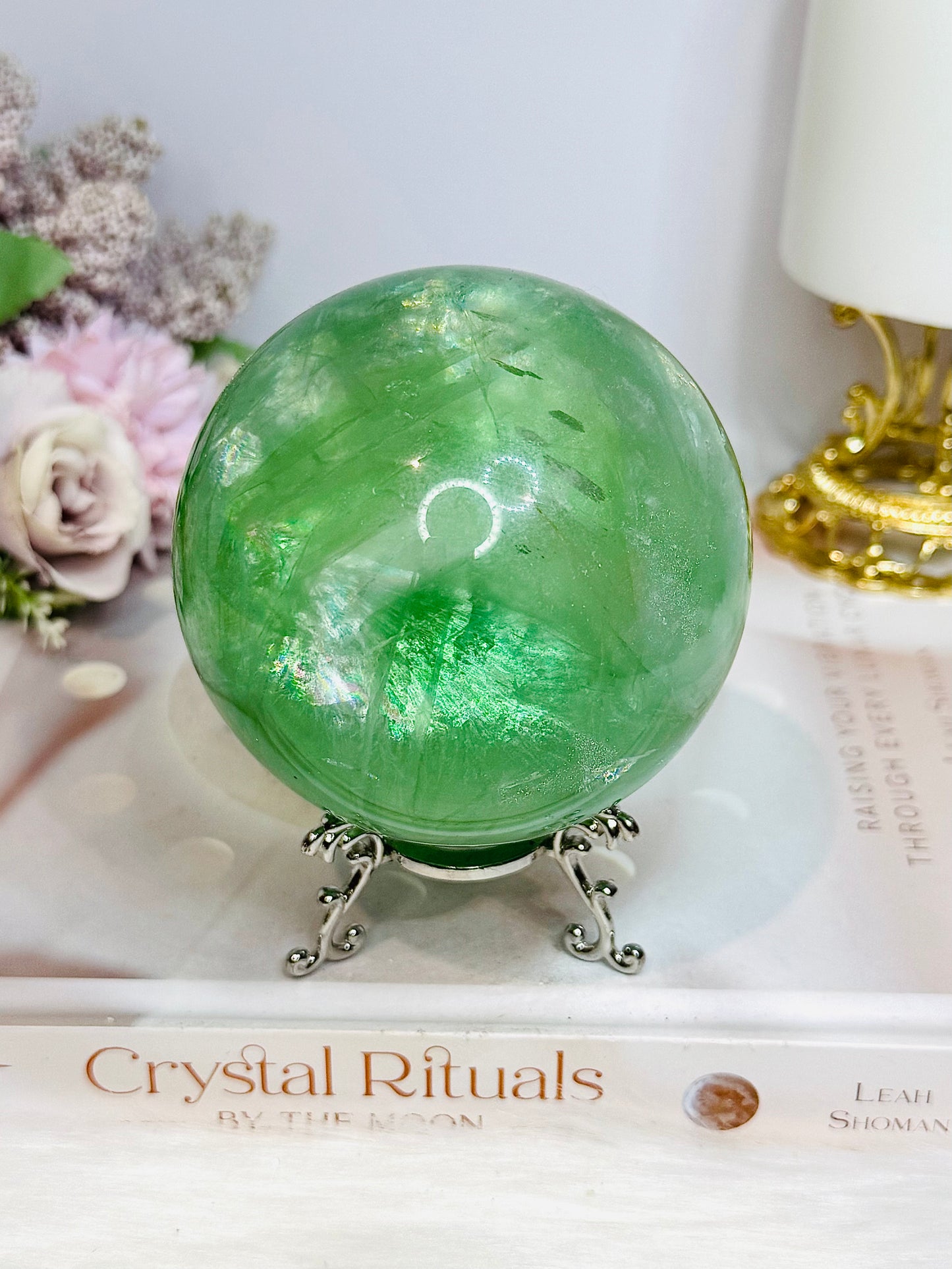 Large Green Fluorite Sphere Full of Rainbows 923g