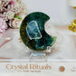 Chunky Moss Agate Carved Moon On Stand 7cm
