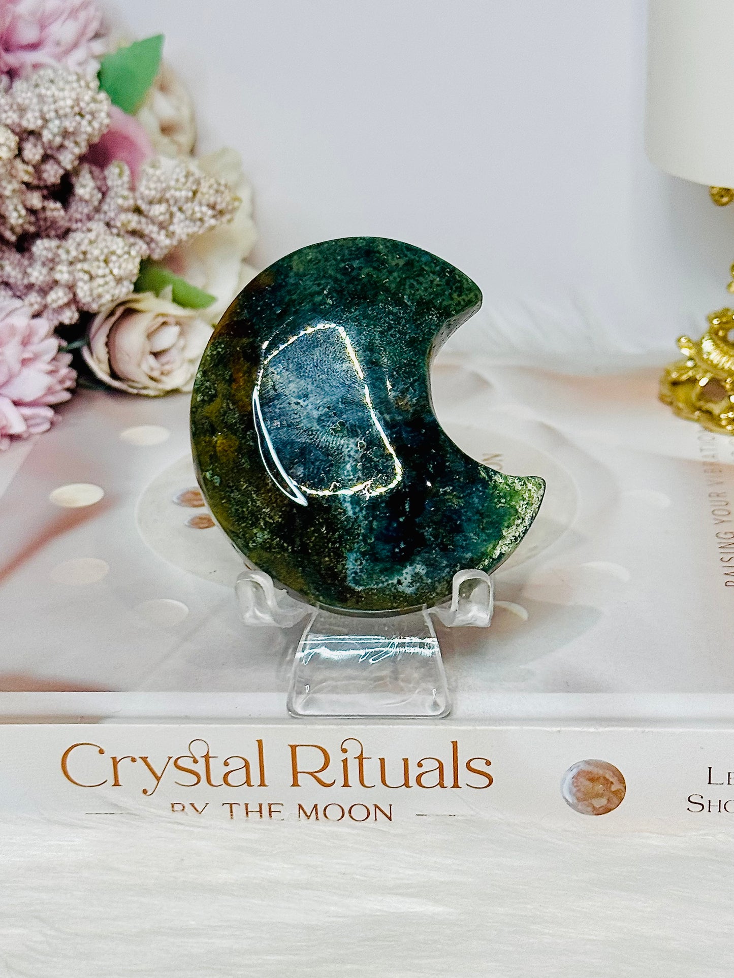 Chunky Moss Agate Carved Moon On Stand 7cm