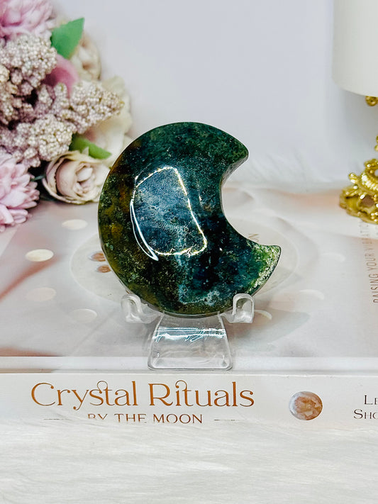 Chunky Moss Agate Carved Moon On Stand 7cm