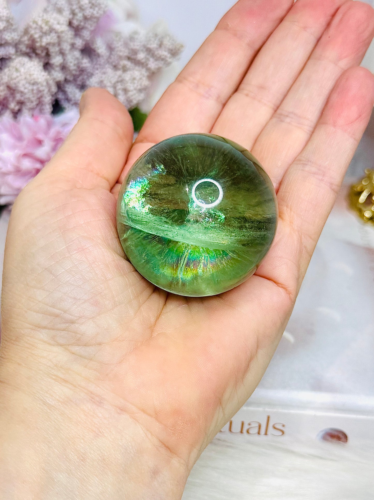 FOR SUE ~ High Grade Fluorite Sphere Full of Incredible Rainbows 161g On Stand