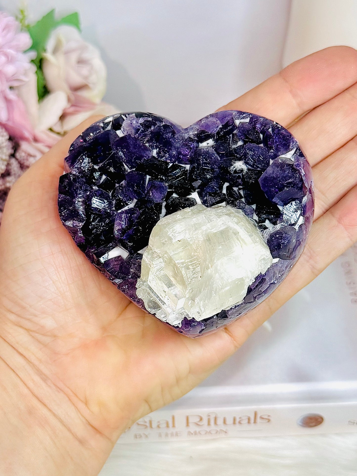 High Grade Deep Purple Amethyst Chunky Heart with Calcite Inclusion On Stand 9cm