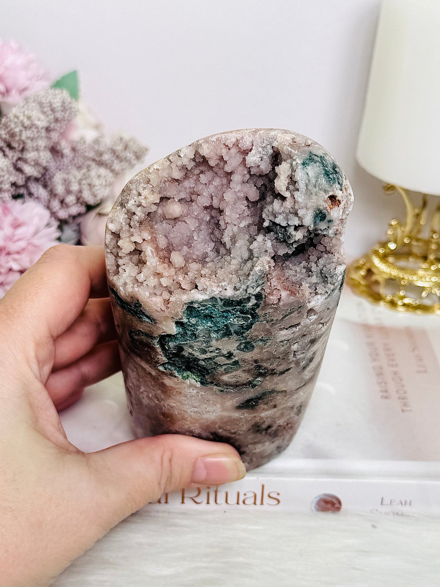 Large Pink Amethyst Druzy Freeform with Moss Agate Inclusions 775g