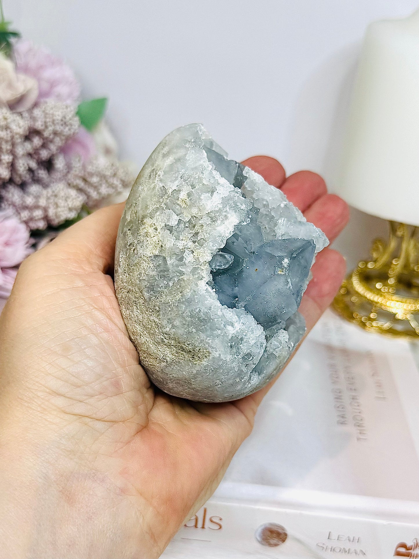 Large Blue Celestite Egg On Stand 521g