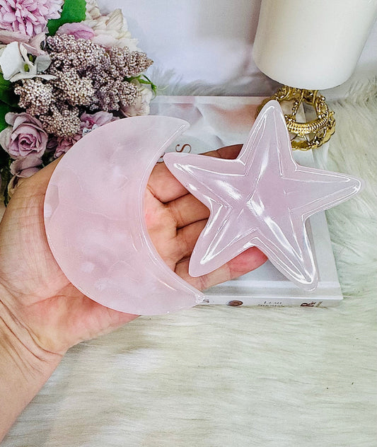 Pink Mangano Calcite UV Reactive Carved Moon & Star Bowl Set