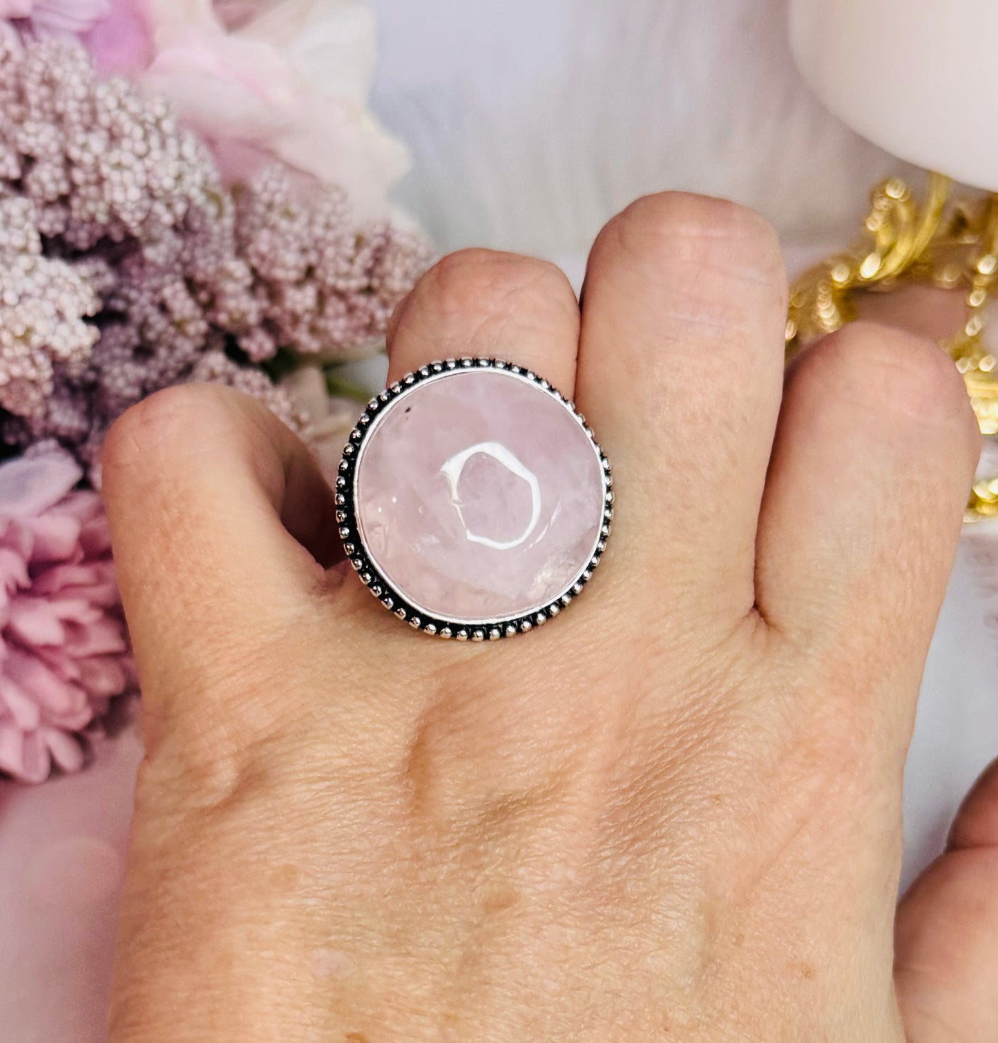 Large Rose Quartz Stone Silver Ring In Gft Bag