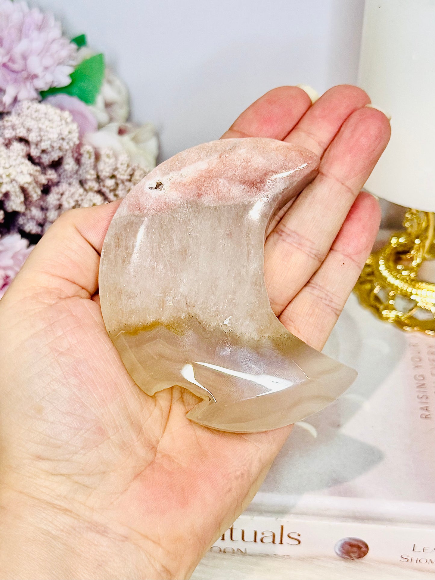 Pink Amethyst In Quartz Moon 8.5cm On Stand