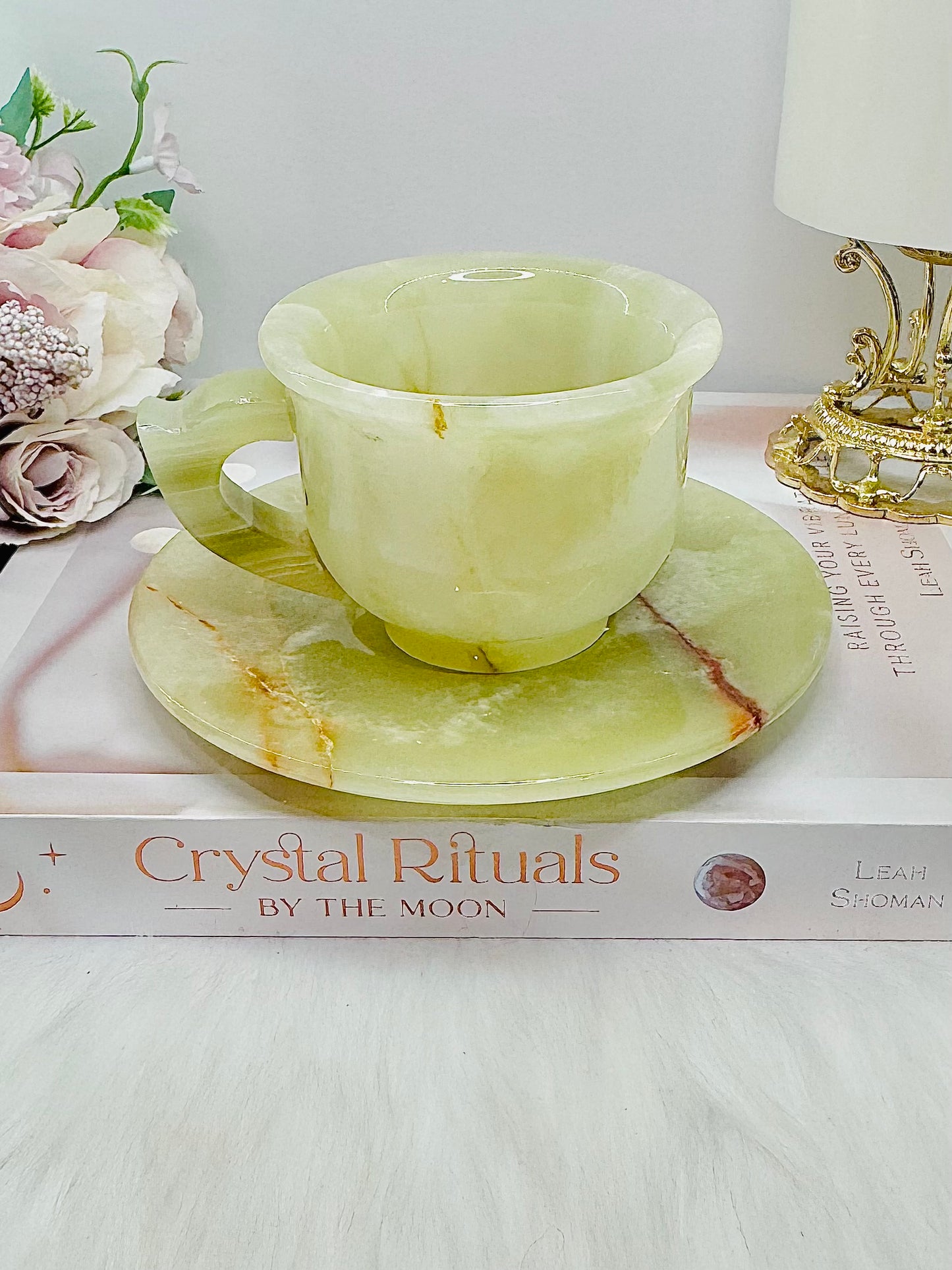 Green Onyx Carved Tea Cup & Saucer Set