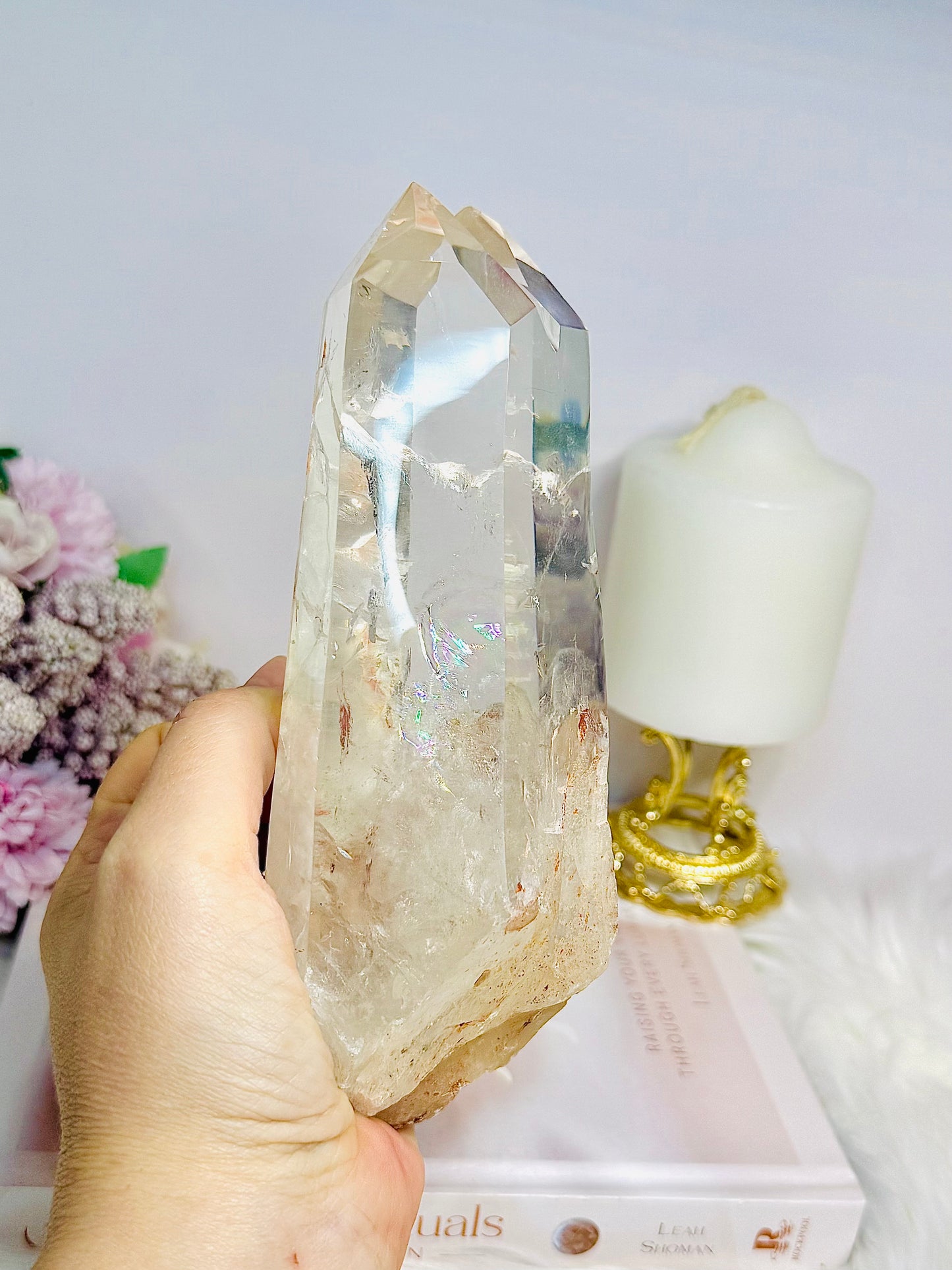 High Grade Clear Quartz Twin | Double Tower with Rainbows on Stand 18.5cm 961g