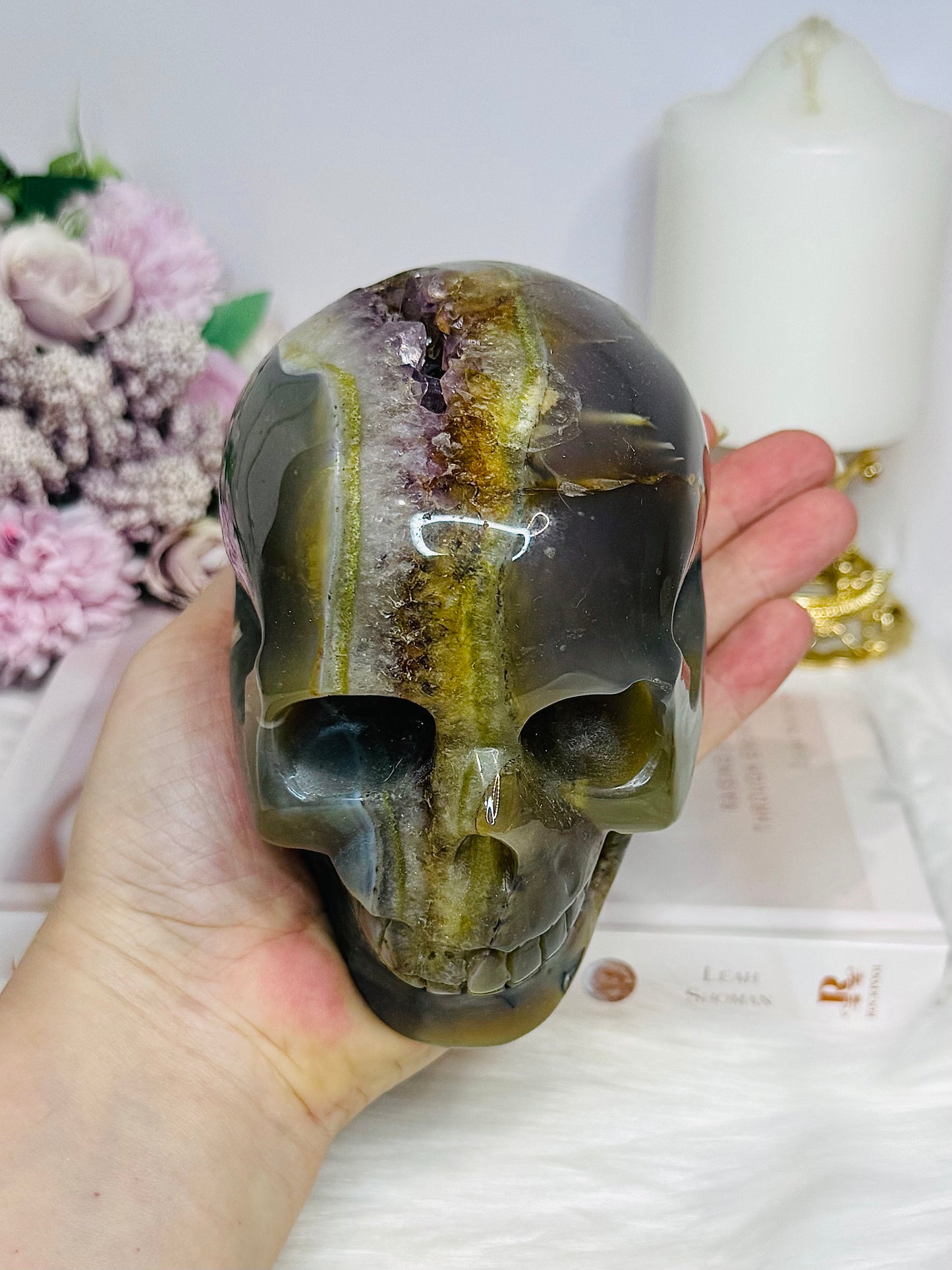 Large Druzy Amethyst X Agate Carved Skull 13cm 1.09KG