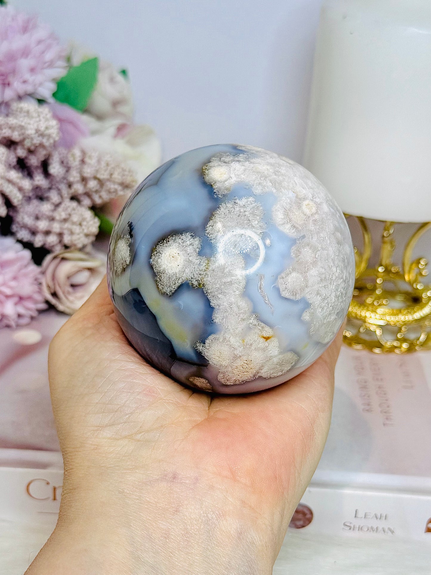 Blue Flower Agate Large Sphere 489g On Stand