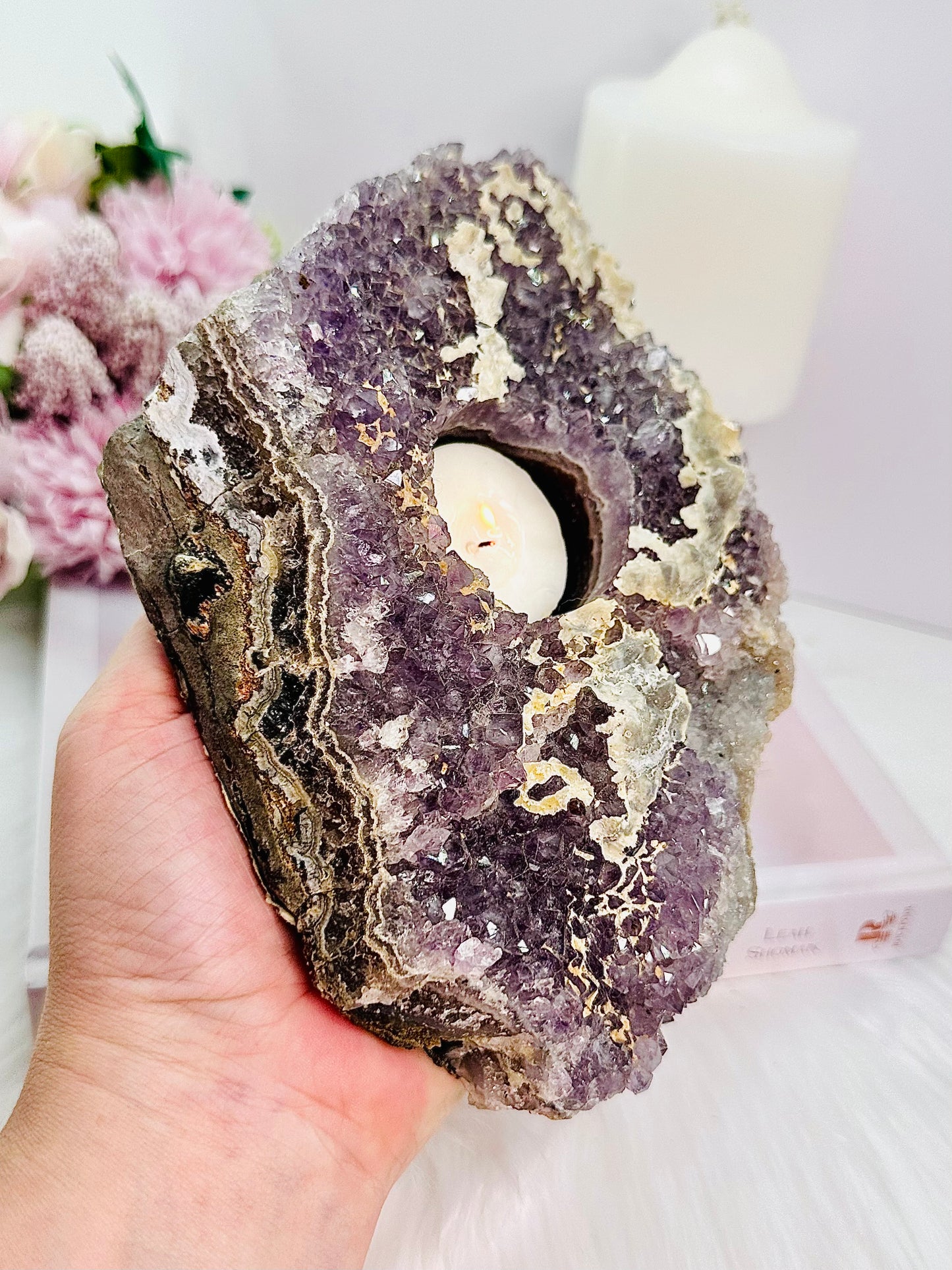 Stunning Large 1.26KG 20cm Amethyst Cluster Candle Holder With Gorgeous Calcite Inclusions From Brazil