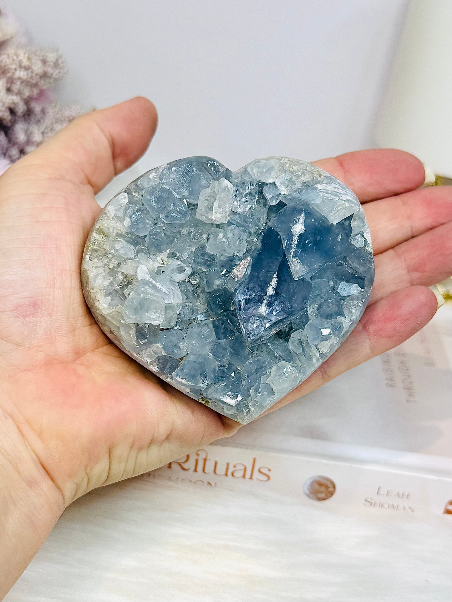 Blue Celestite Druzy Heart On Stand 443g