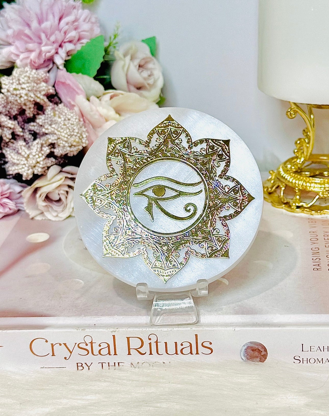 Selenite Slab with Gold Third Eye Carving on Stand 9cm