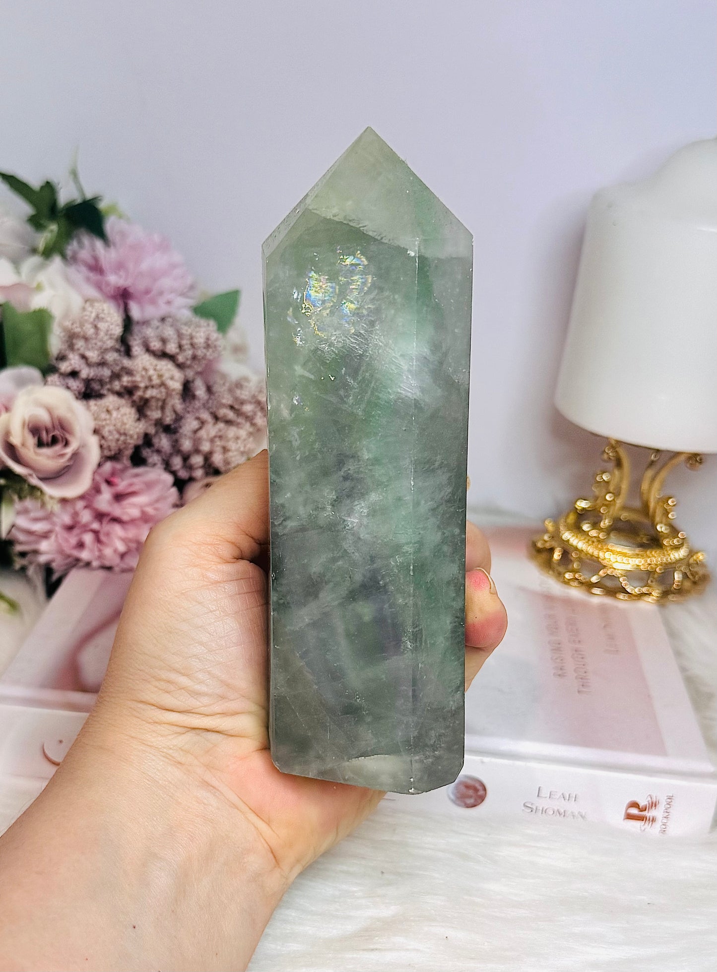 Chunky Large Green Fluorite Tower with Rainbows 15cm 630g