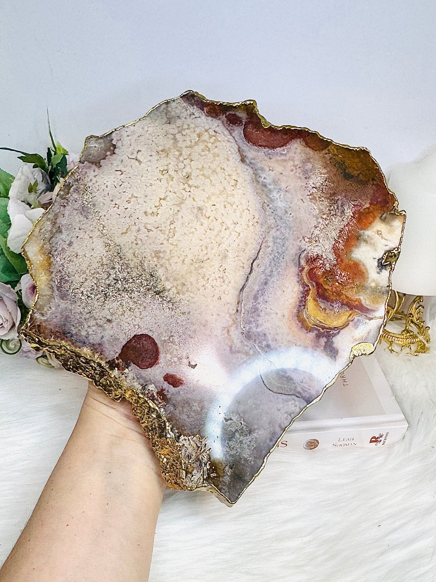 A Collectors Piece ~ High Grade Natural Pink Amethyst Druzy Slice | Slab with Gold Plating on Stand 24cm 689g