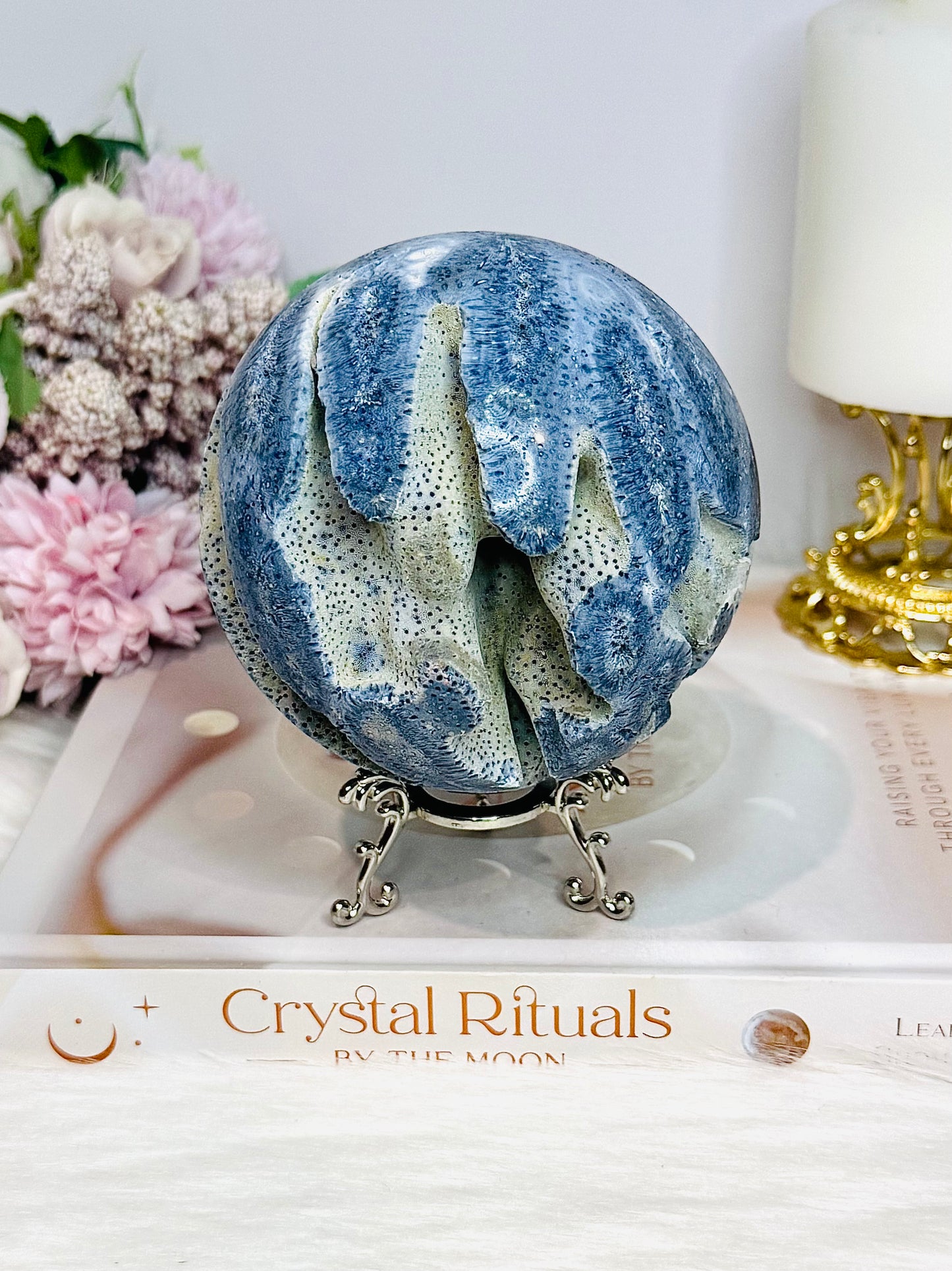 Rare Natural Large Blue Coral Fossil Sphere 732g