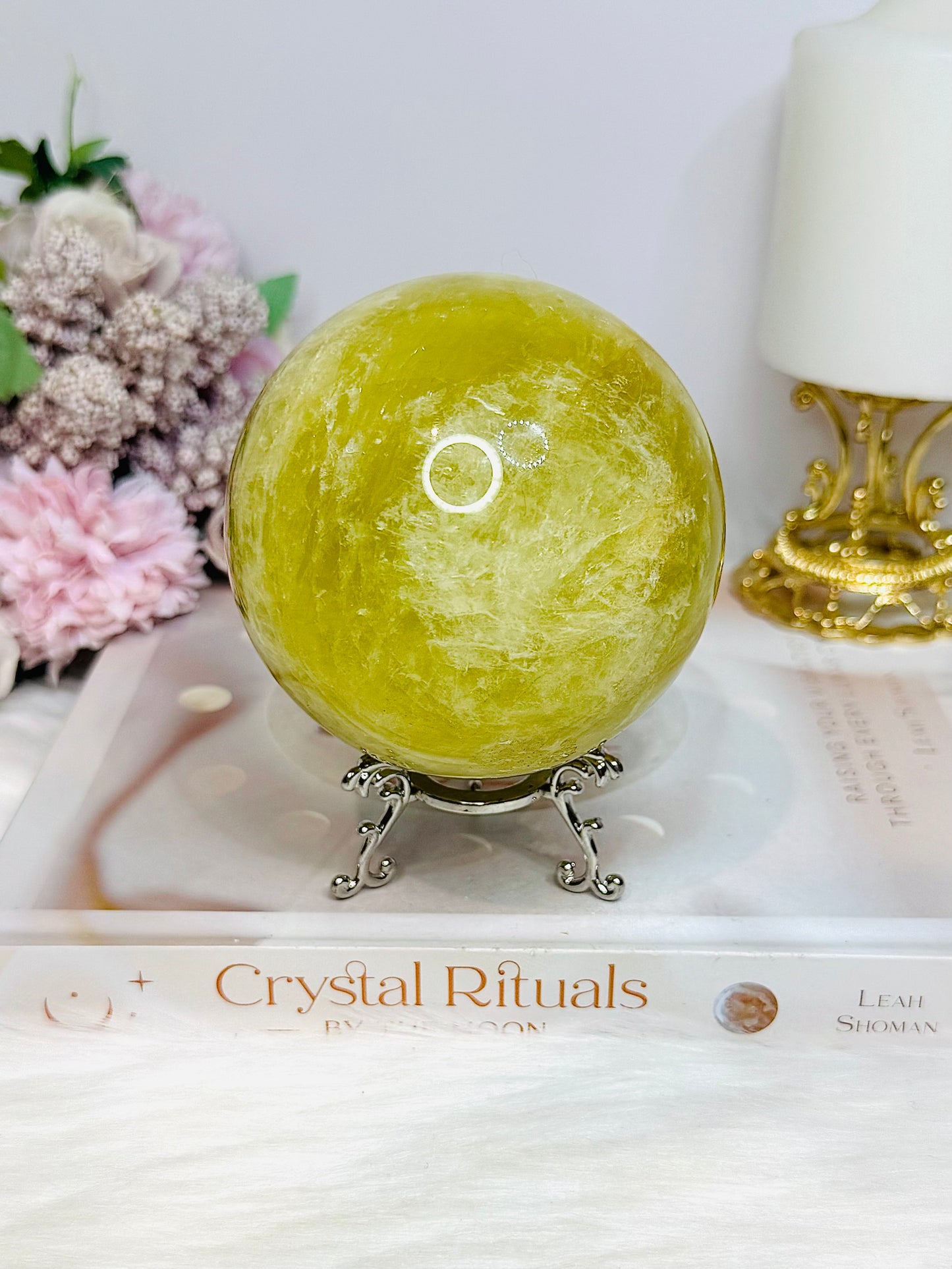 Large Citrine Sphere With Rainbows (heat treated) On Stand 870g