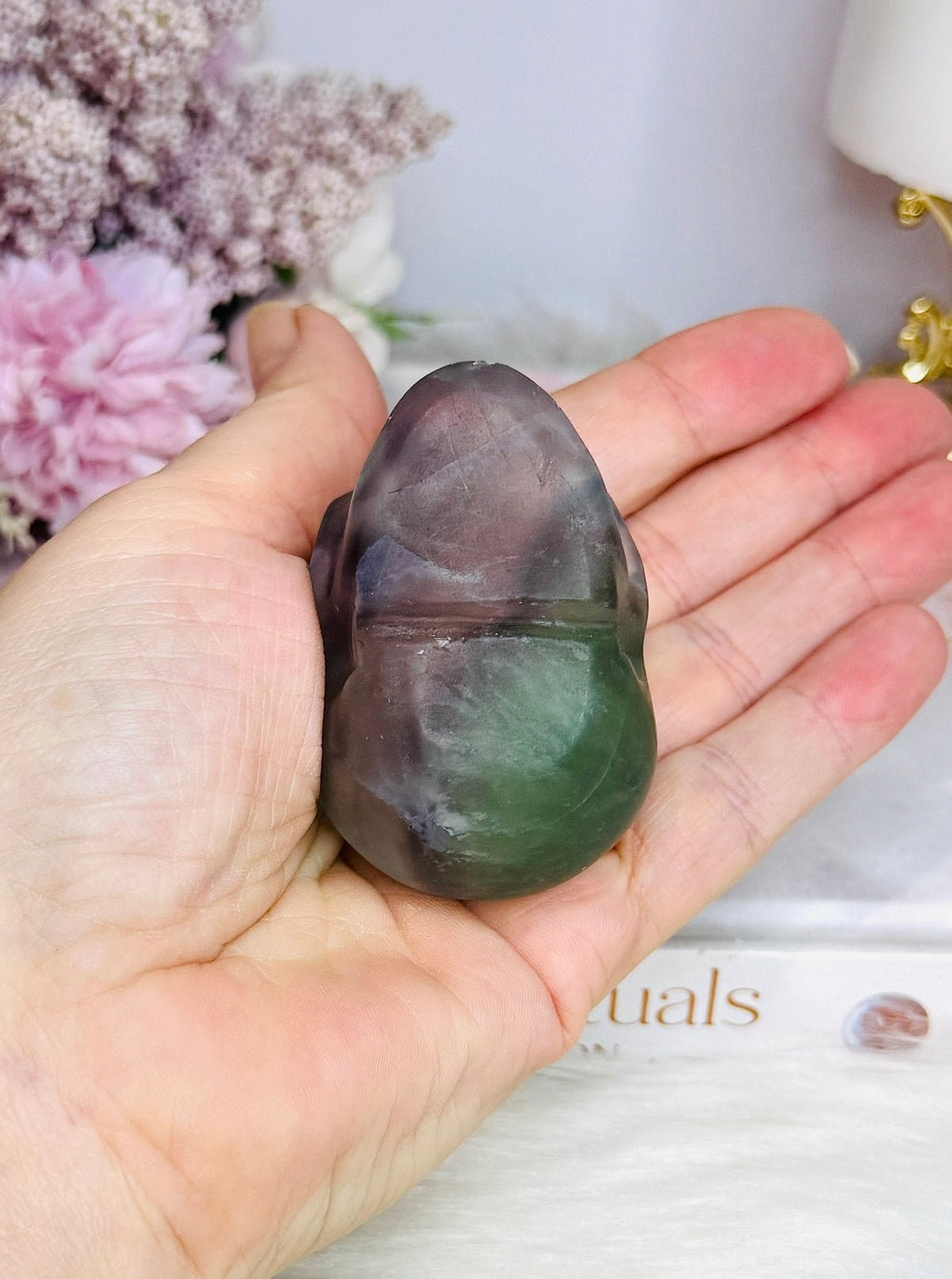 Purple & Green Fluorite Skull (photo taken under light)