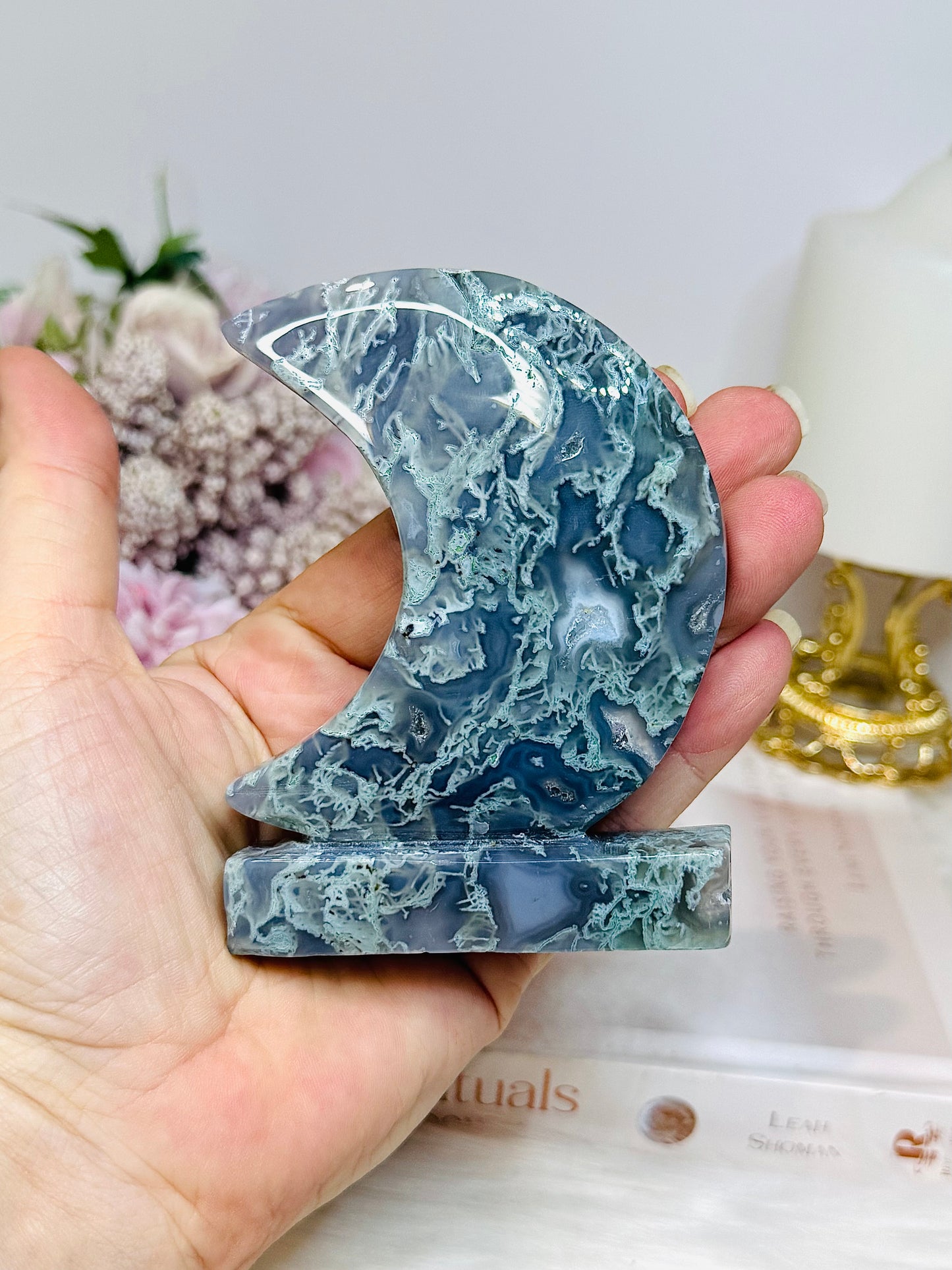 Moss Agate Druzy Moon On Stand 9.5cm
