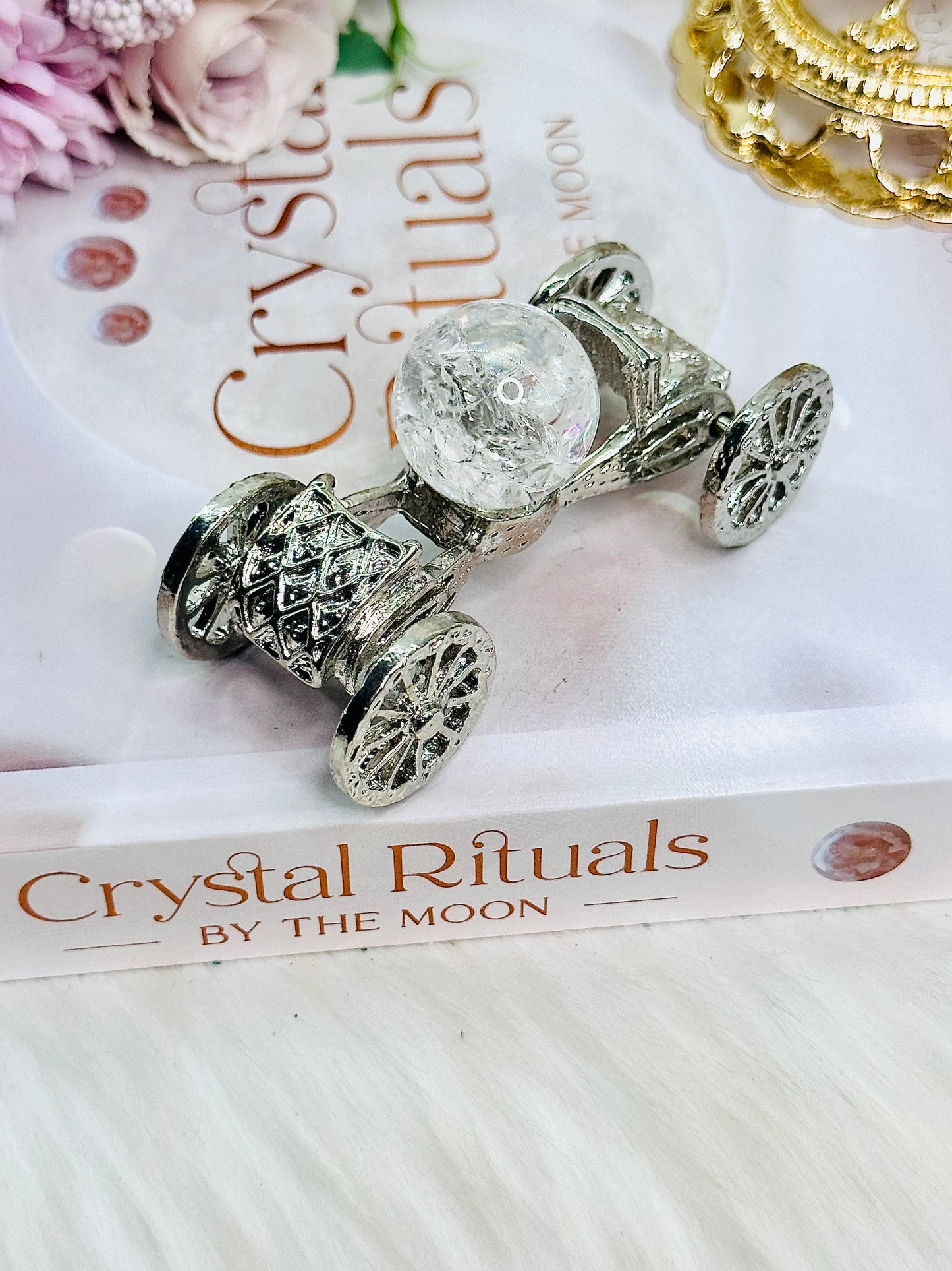 Beautiful Silver Vintage Car with Turning Wheels with Cracked Clear Quartz Sphere