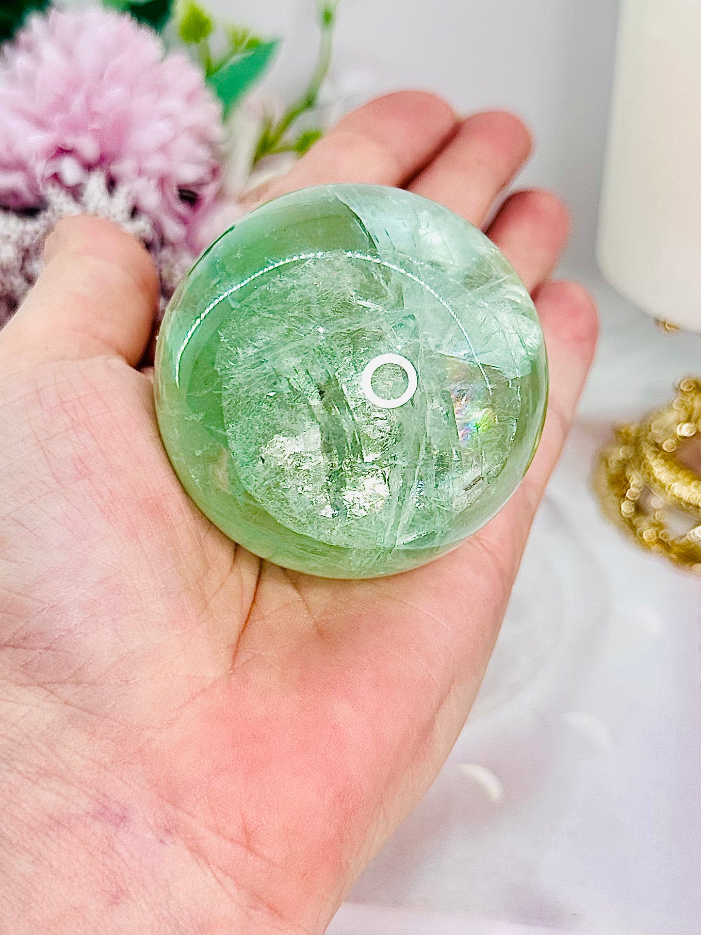 The Most Beautiful High Grade Green Fluorite Sphere With Stunning Rainbows on Gold Stand 304grams