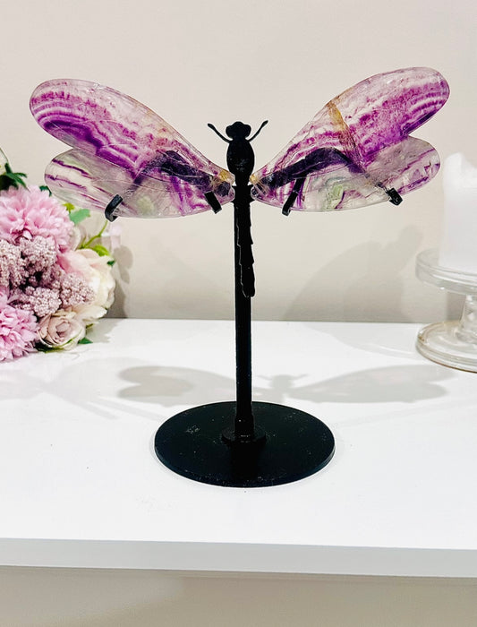 What A Beauty!!! Large 18.5cm Stunning Purple Fluorite Dragonfly Wings On Black Stand