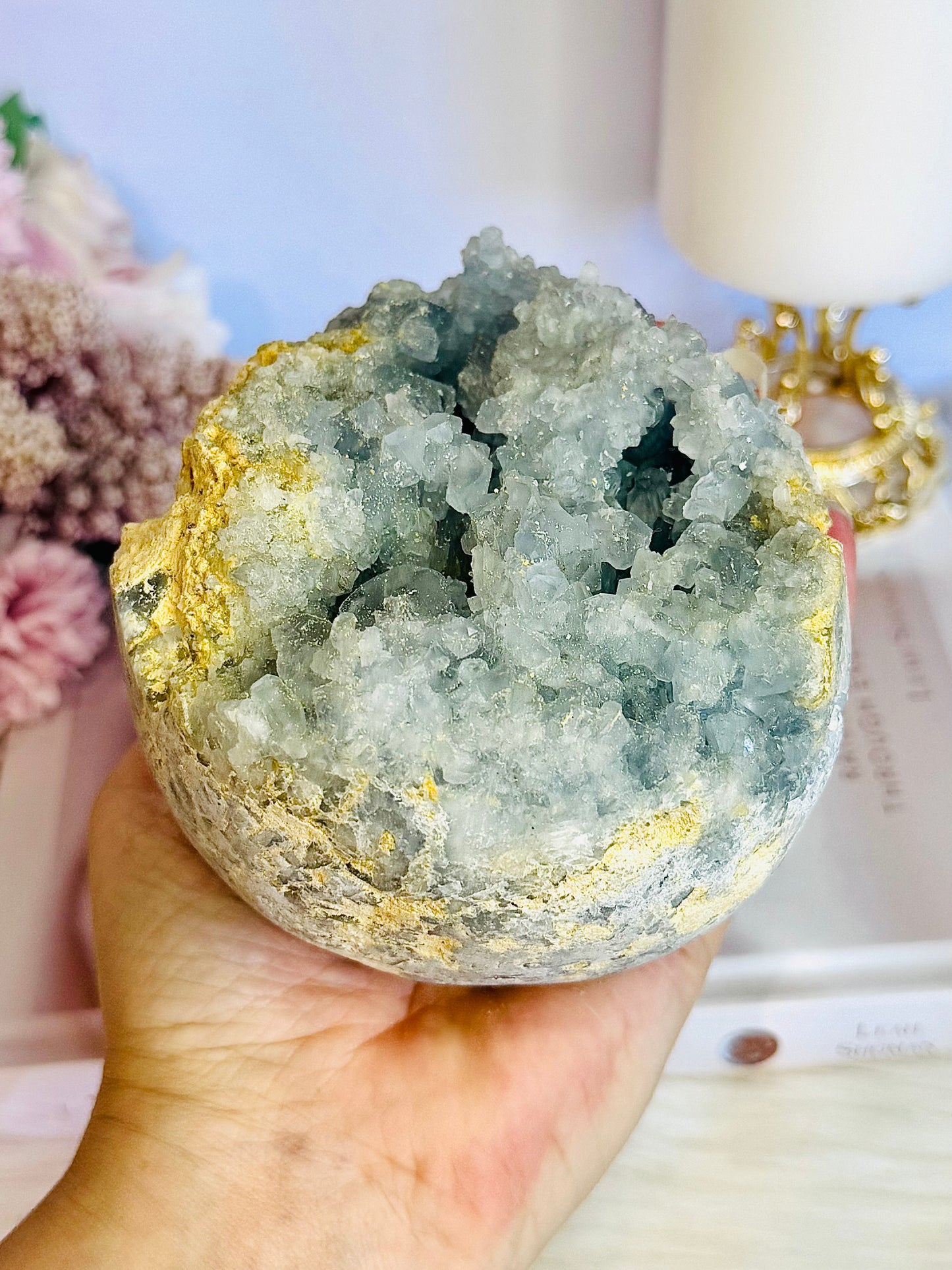 Huge Divine Natural Blue Celestite Druzy Geode | Sphere on Stand 1.65KG