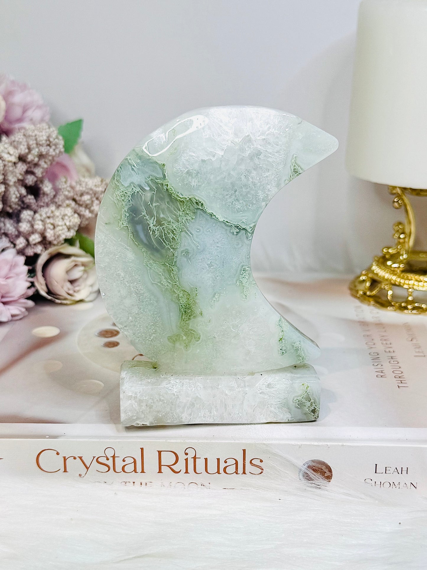 Moss Agate Druzy Moon On Stand 10cm 256g