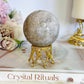 Natural Pink Amethyst Carved Sphere with Green Jasper Druzy on Gold Crown Stand