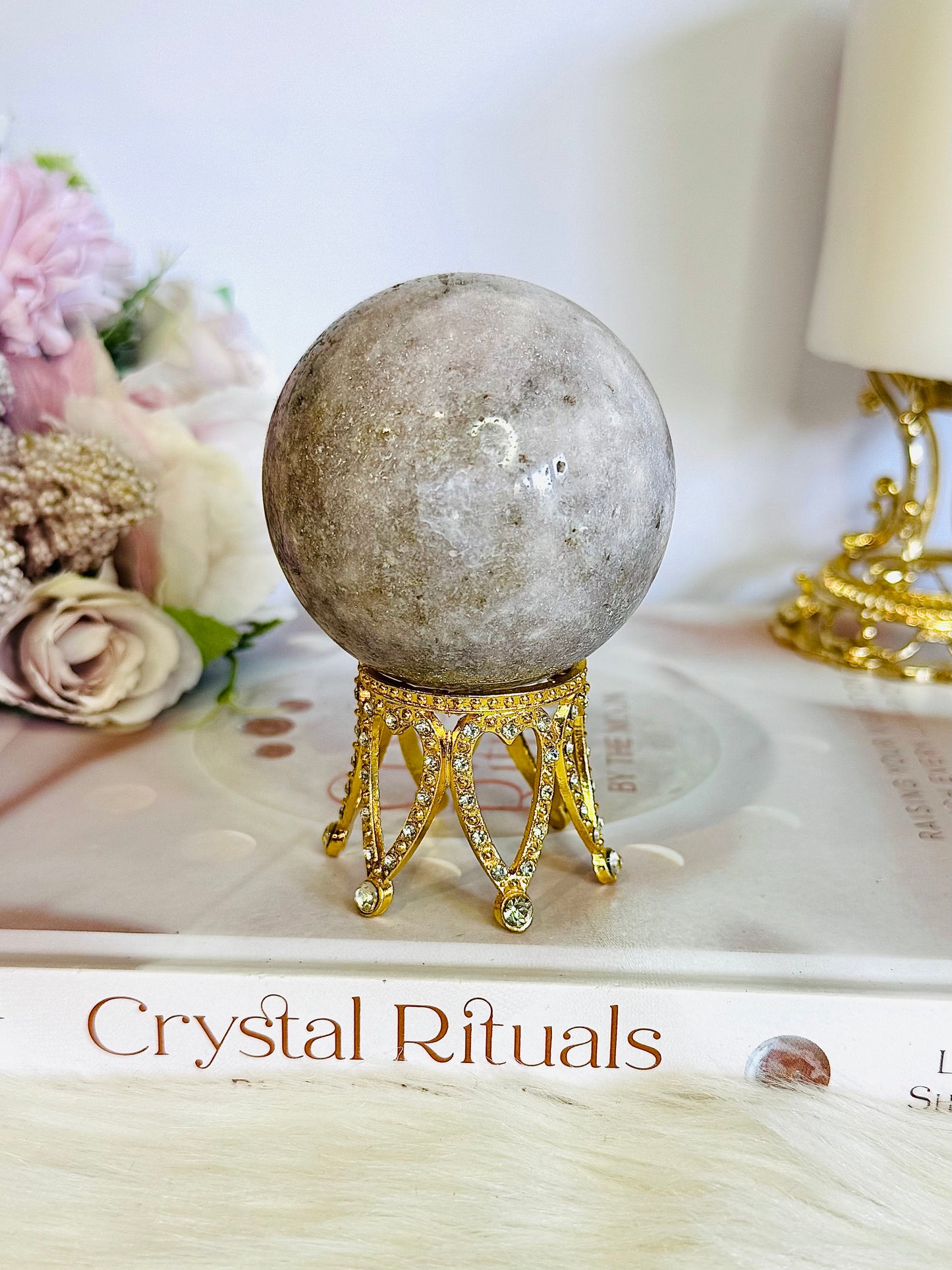 Natural Pink Amethyst Carved Sphere with Green Jasper Druzy on Gold Crown Stand