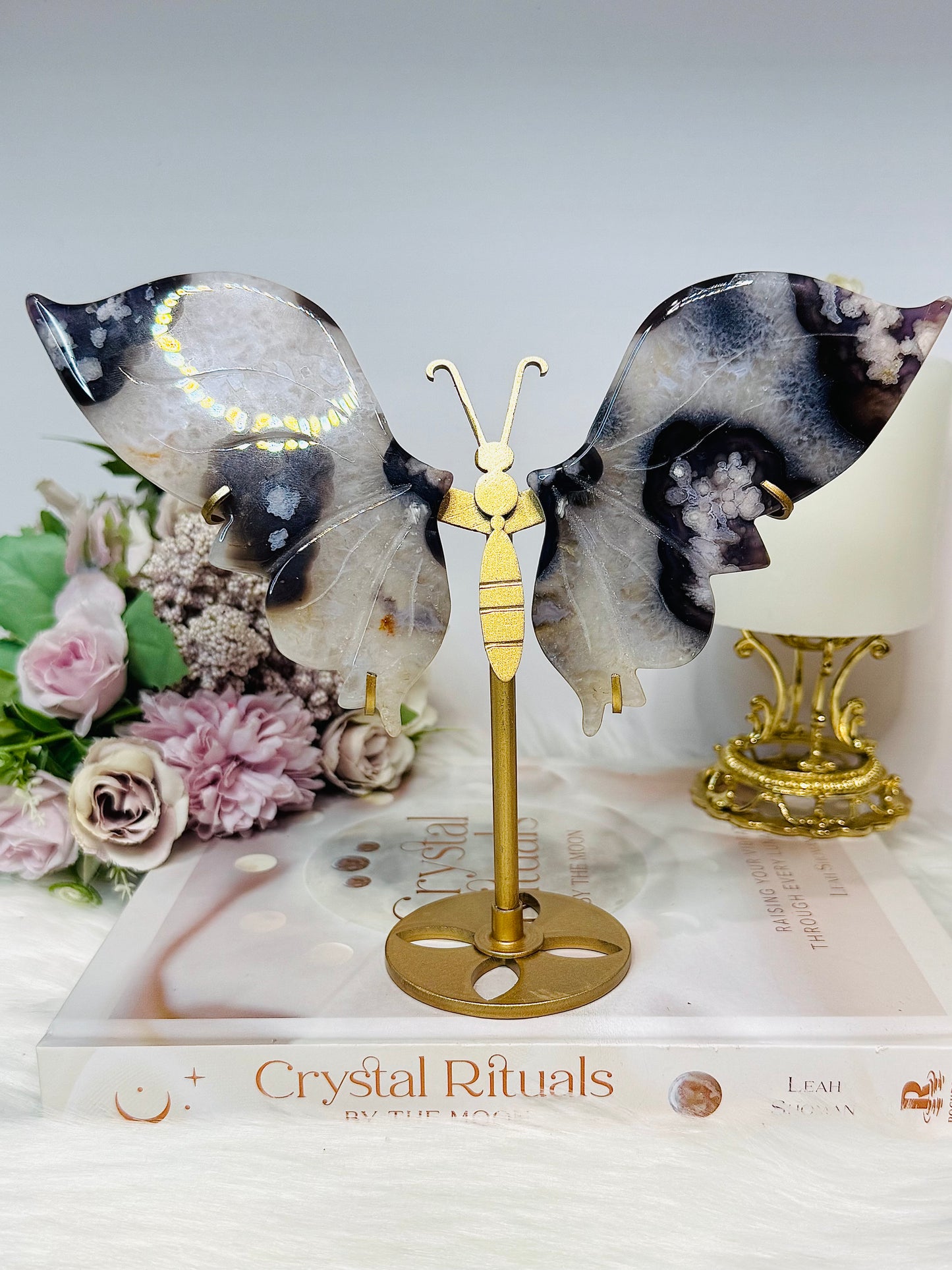 Black Flower Agate Butterfly Wings on Stand 15cm