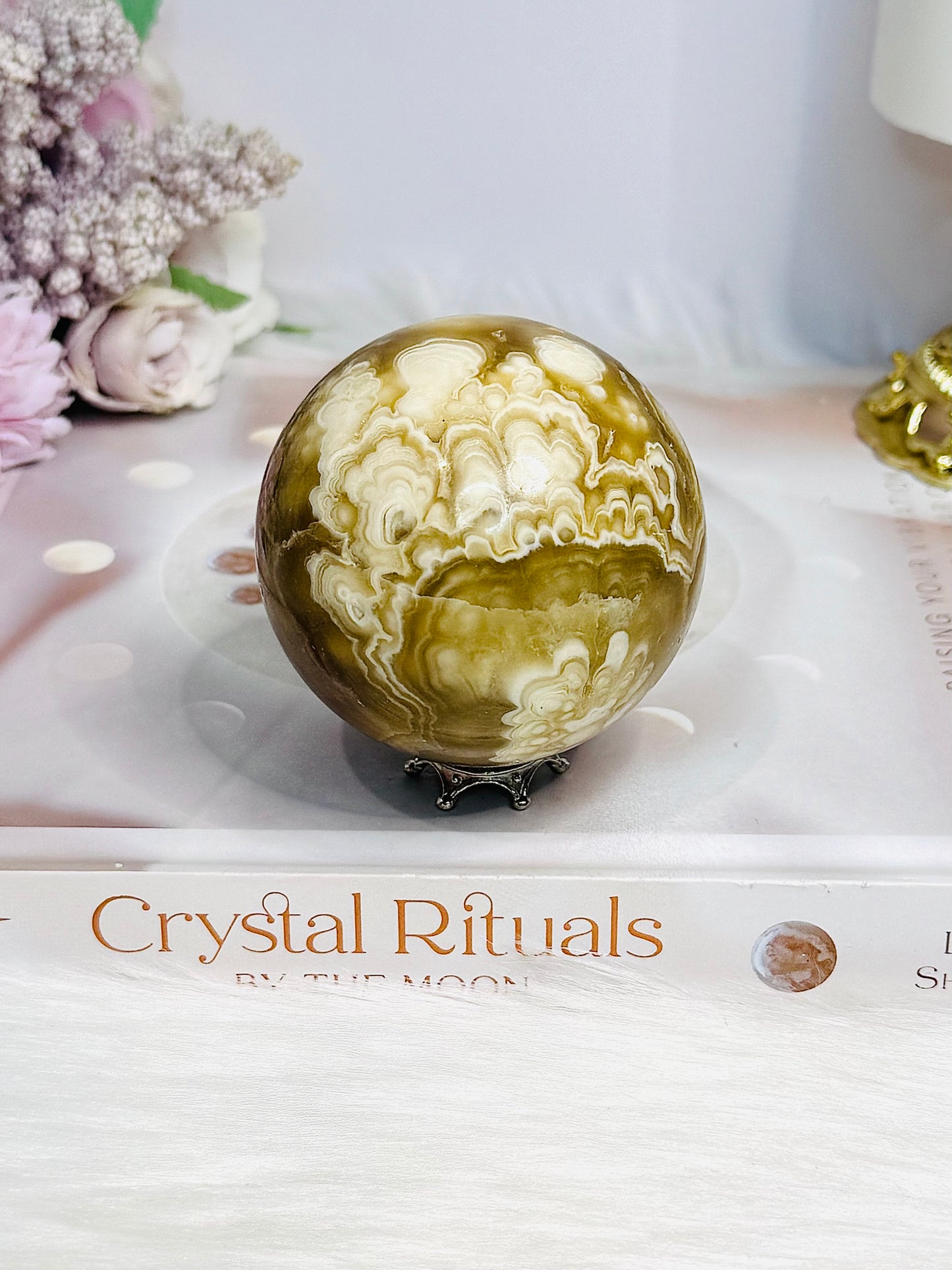 Large Amber Calcite Sphere on Stand 327g