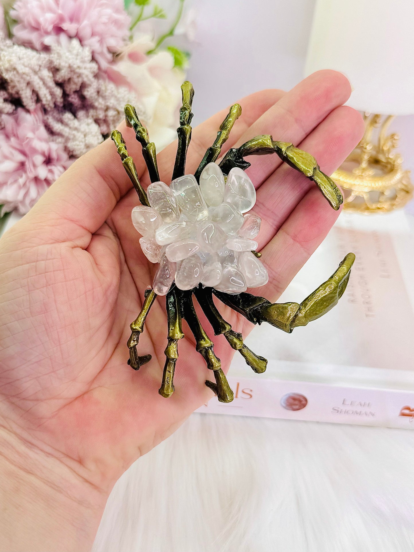 Stunning Large Rose Quartz Crab with Gold Metal Legs