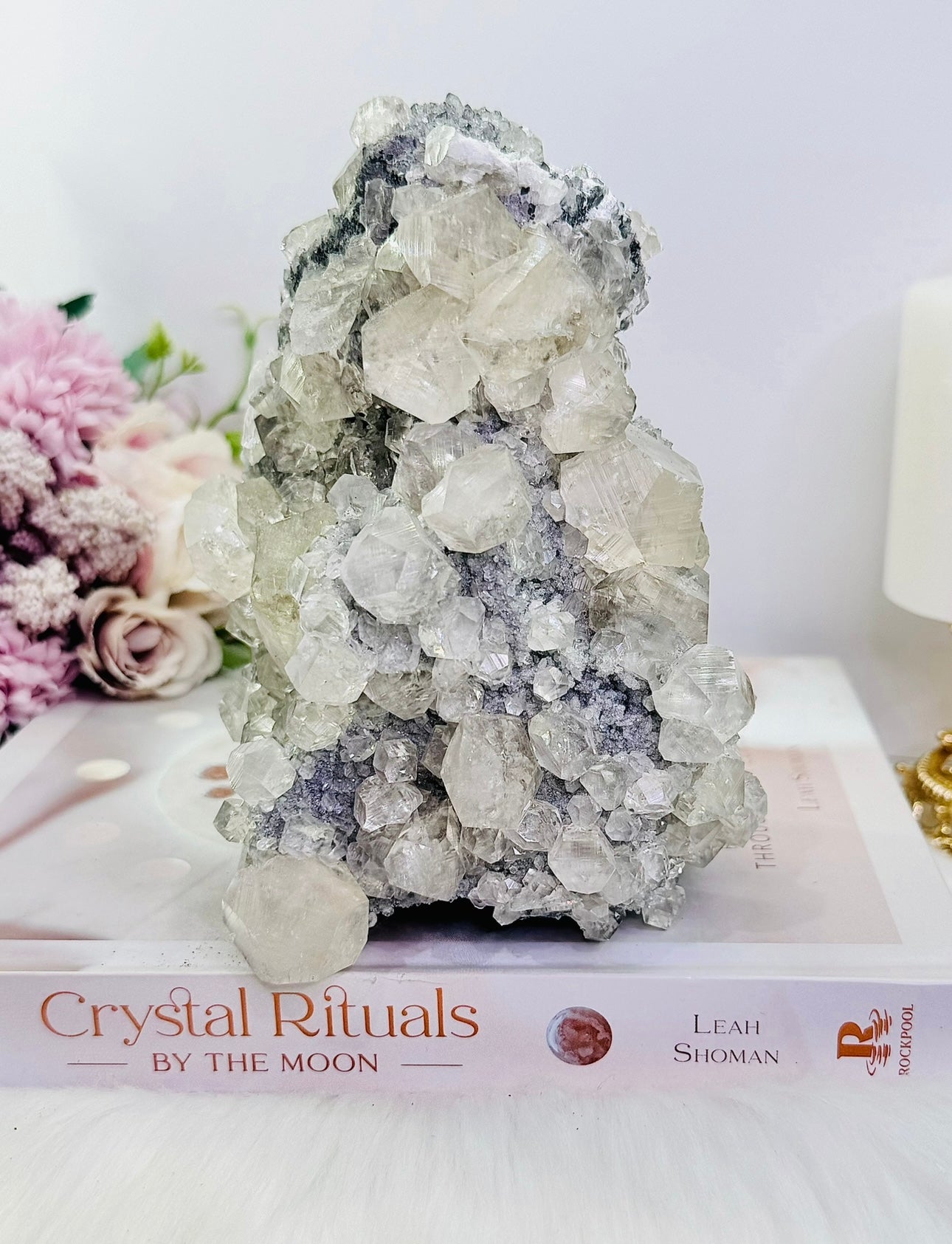 Natural Gorgeous Large Calcite Cluster 20cm On Timber Stand (UV Reactive) 1.86KG