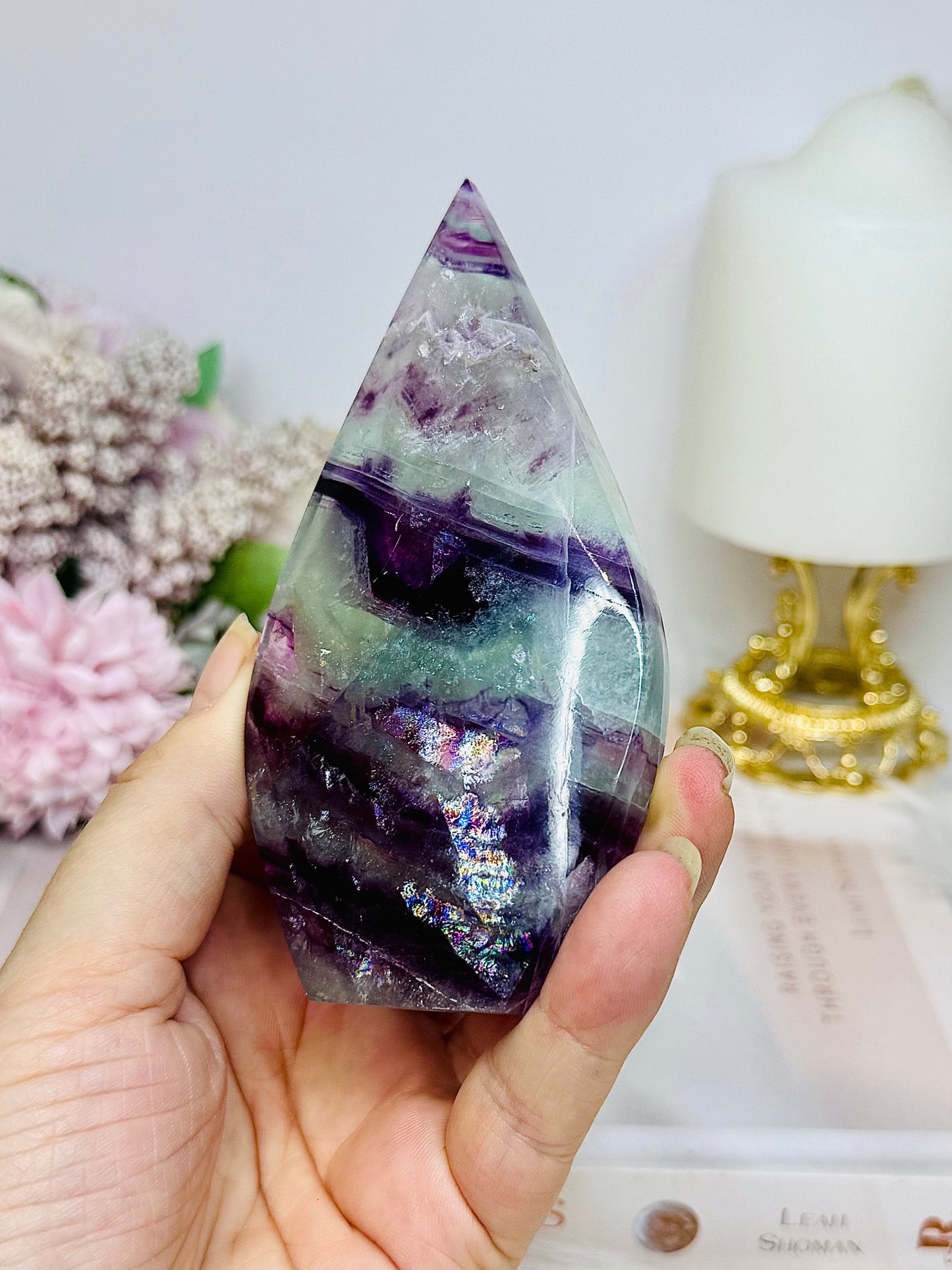 High Grade Large Fluorite Flame with Rainbows 11cm
